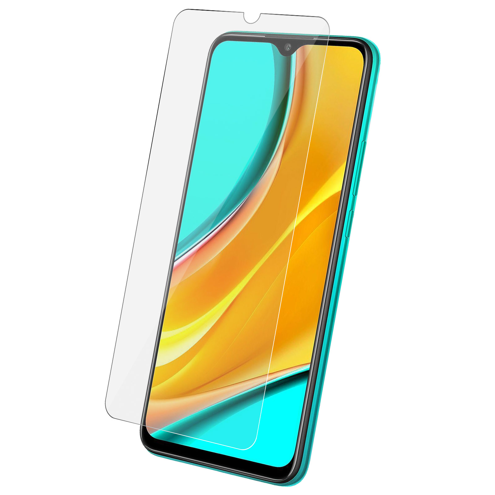 Een smartphone met een schermbeschermer. Het scherm toont een gele en turquoise achtergrond.