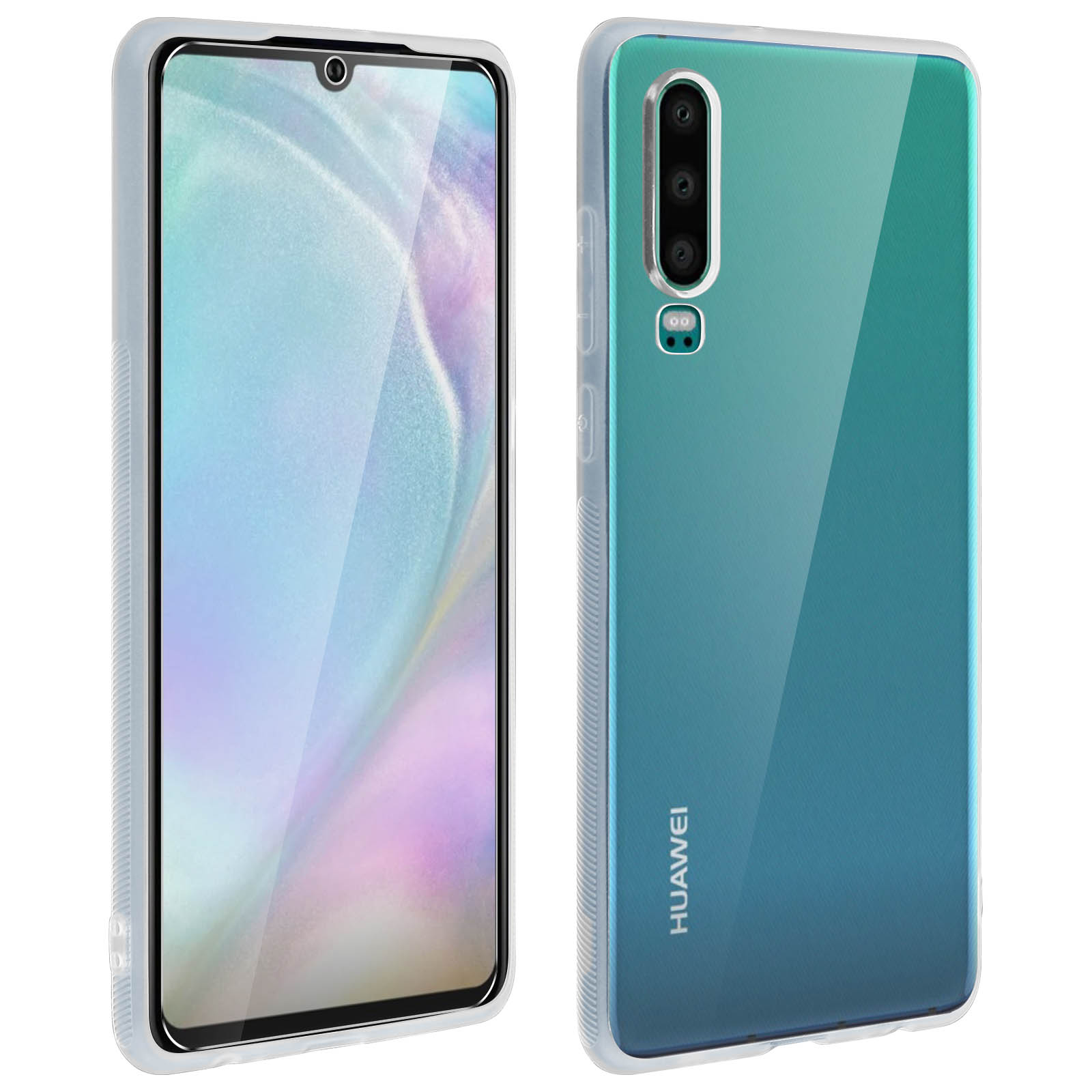 Ein Telefon mit einer transparenten Hülle, Vorder- und Rückansicht.
