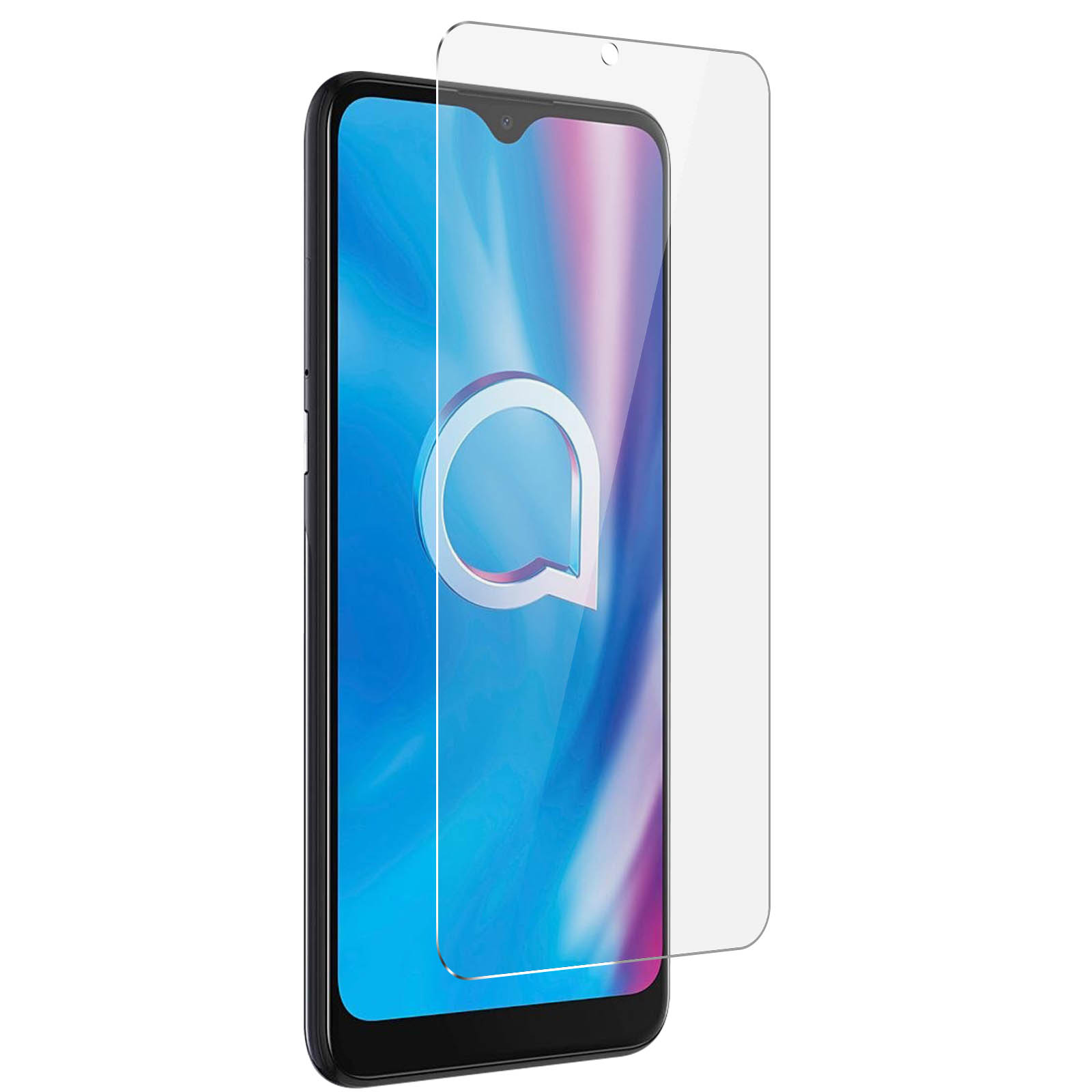 Un telefono con una protezione per lo schermo. Il telefono ha un logo bianco sullo schermo.