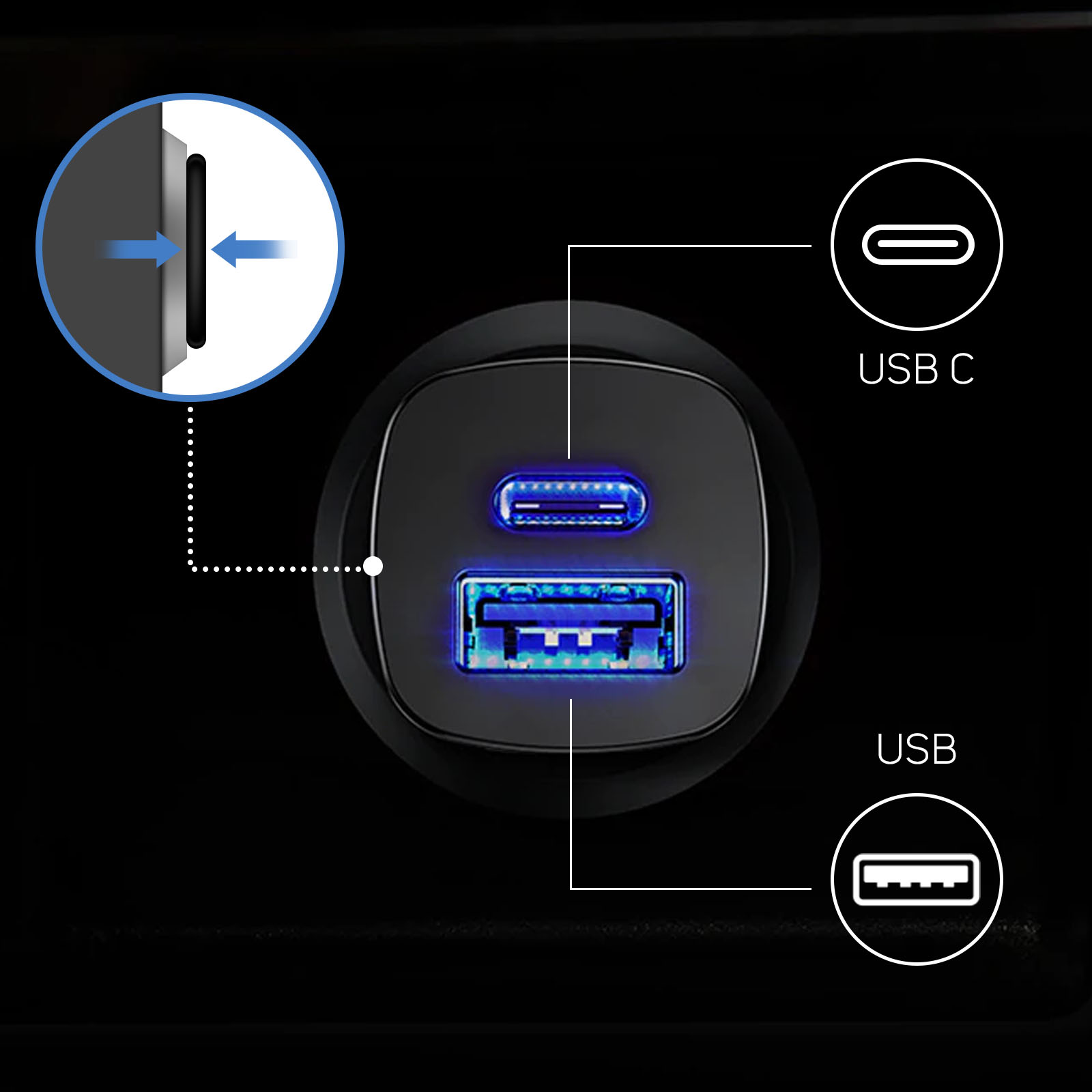 Zbliżenie ładowarki USB z portami USB-C i USB.