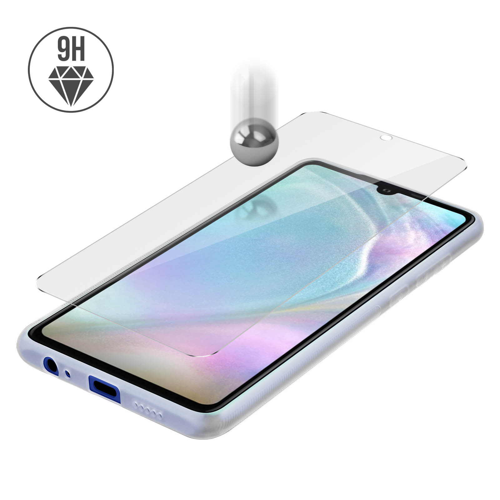 Ein Telefon mit angebrachtem Displayschutz. Der Schutz ist klar. Weißer Hintergrund.