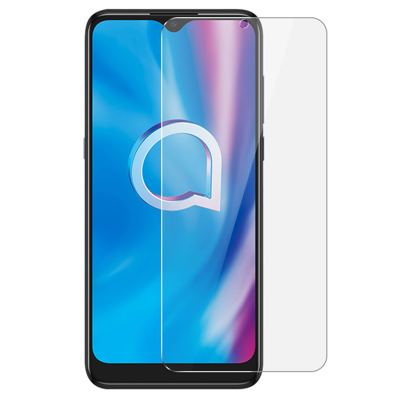 Uno smartphone con protezione schermo applicata. Il telefono ha il logo Alcatel sullo schermo.