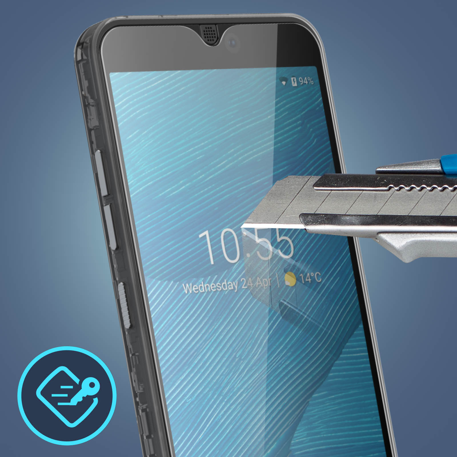 Un écran de téléphone avec l'heure et la date, un couteau coupe le protecteur d'écran. Fond bleu.
