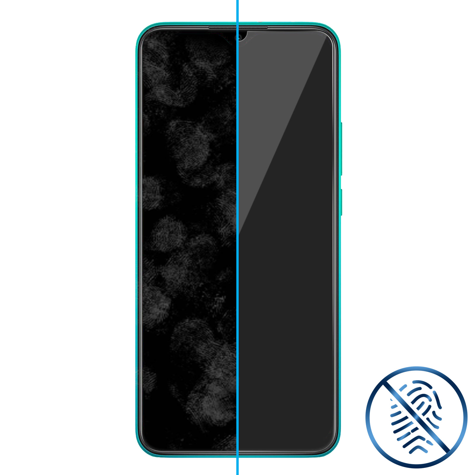 Een telefoonscherm is gesplitst, met een vuile kant en een schone kant. Er is een vingerafdrukpictogram aanwezig.