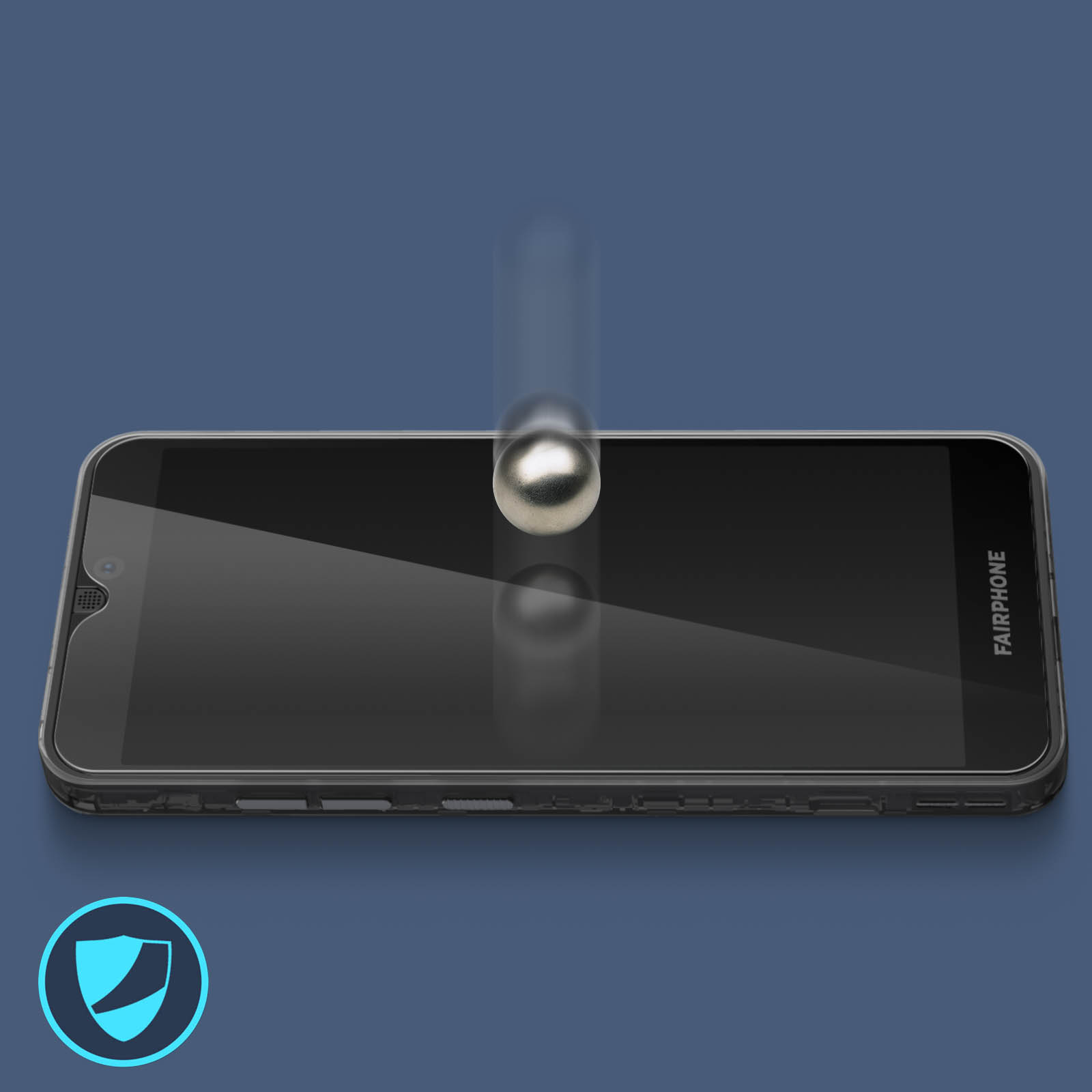 Téléphone avec protecteur d'écran, avec une balle tombant vers l'écran.
