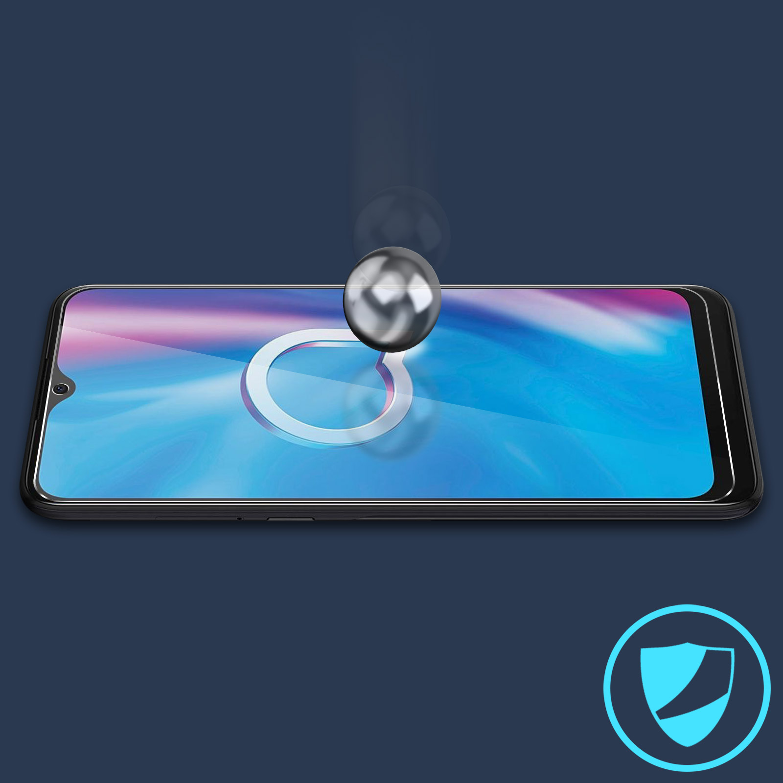 Schermo del telefono con protezione in vetro e palla che cade.