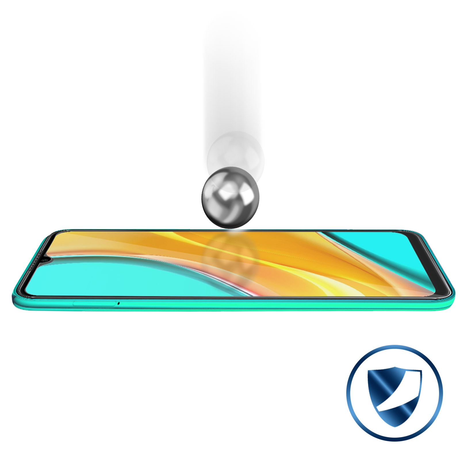 Een smartphonescherm beschermd door glas, met een bal erboven.