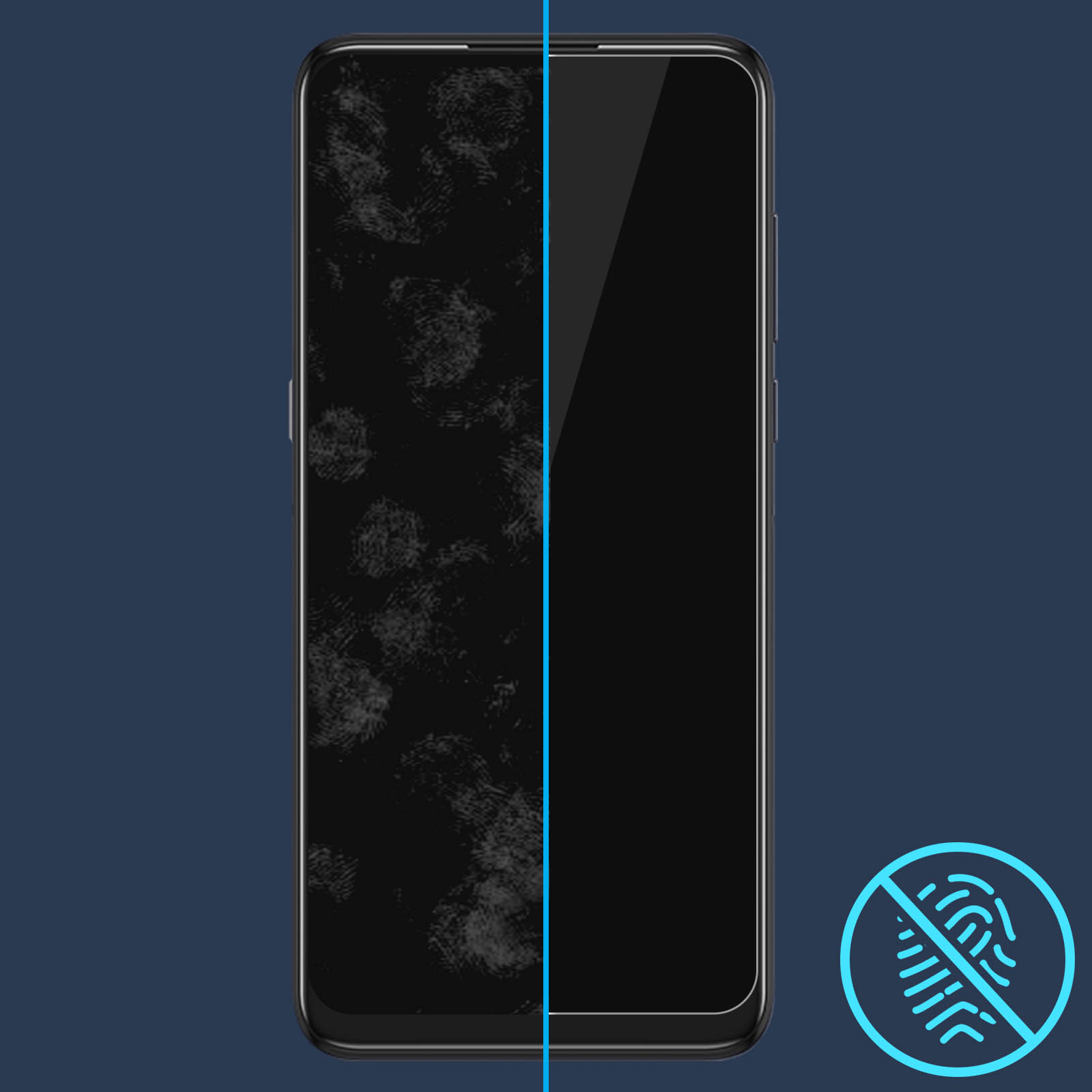 Schermo del telefono che mostra lati puliti e sporchi, con un'icona di impronta digitale su sfondo blu.
