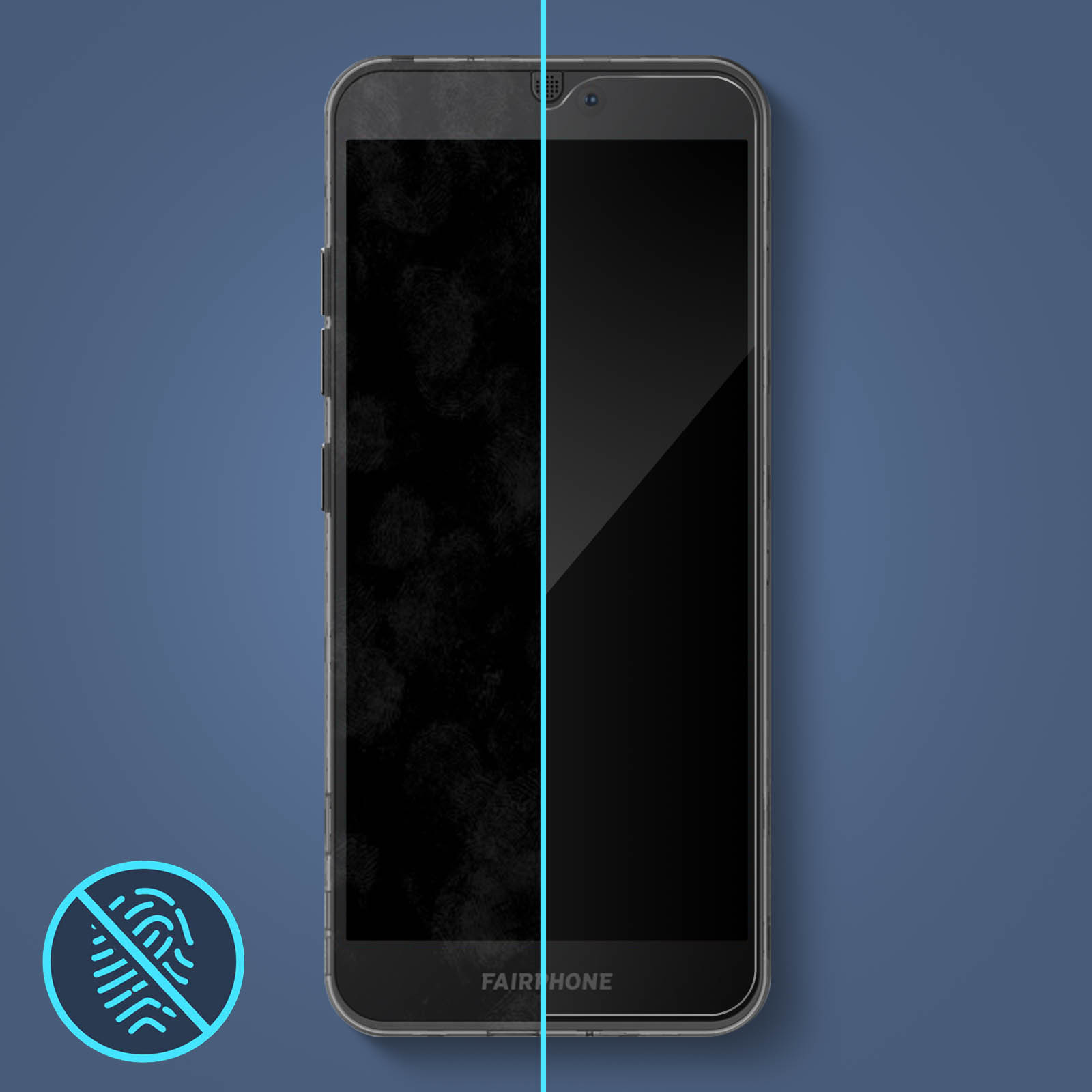 Un écran de smartphone, à moitié propre, à moitié montrant des traces de doigts. Icône sans empreintes digitales.