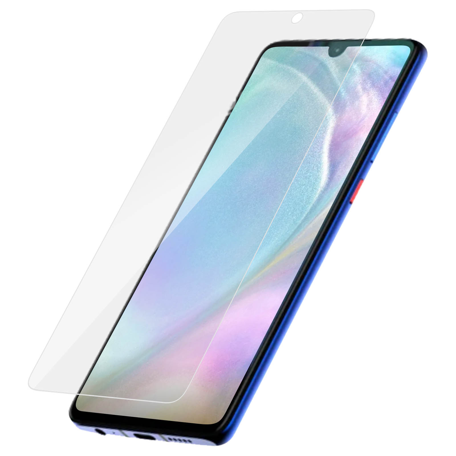Un proteggi schermo e un telefono, con una cornice blu, vengono visualizzati su sfondo bianco.
