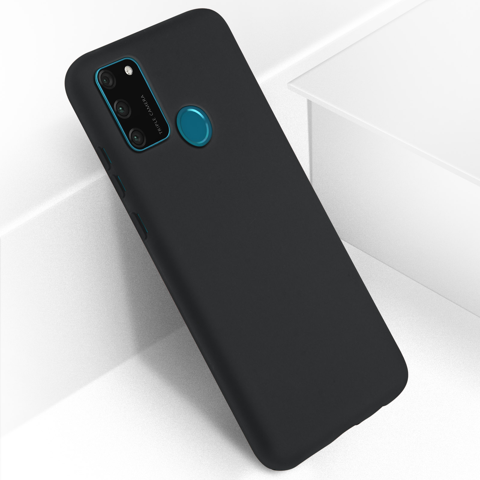 Custodia del telefono nera. La custodia ha un modulo fotocamera e un sensore di impronte digitali.