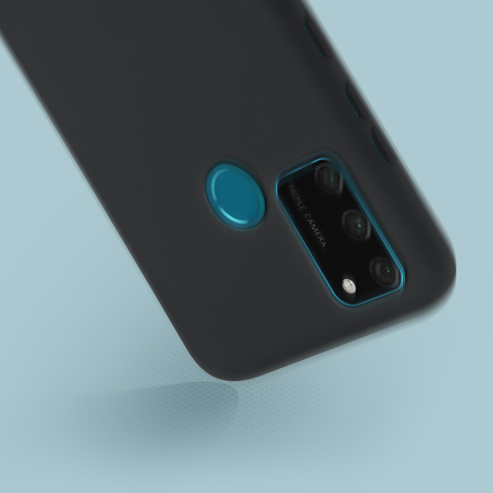 Una custodia per telefono nera con una configurazione a tripla fotocamera su sfondo blu.