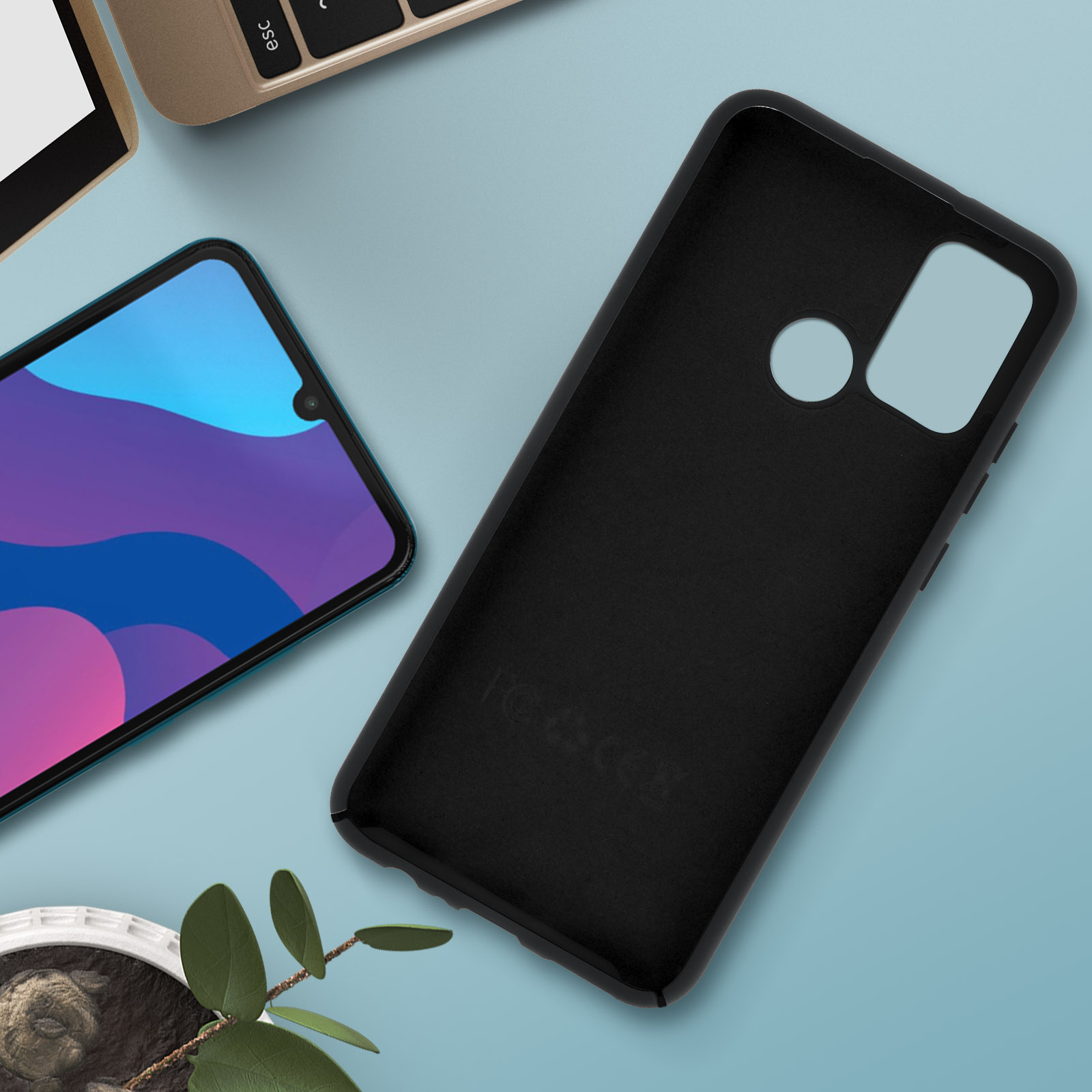 Custodia nera per telefono con il telefono all'interno. Lo schermo mostra un design astratto e colorato.