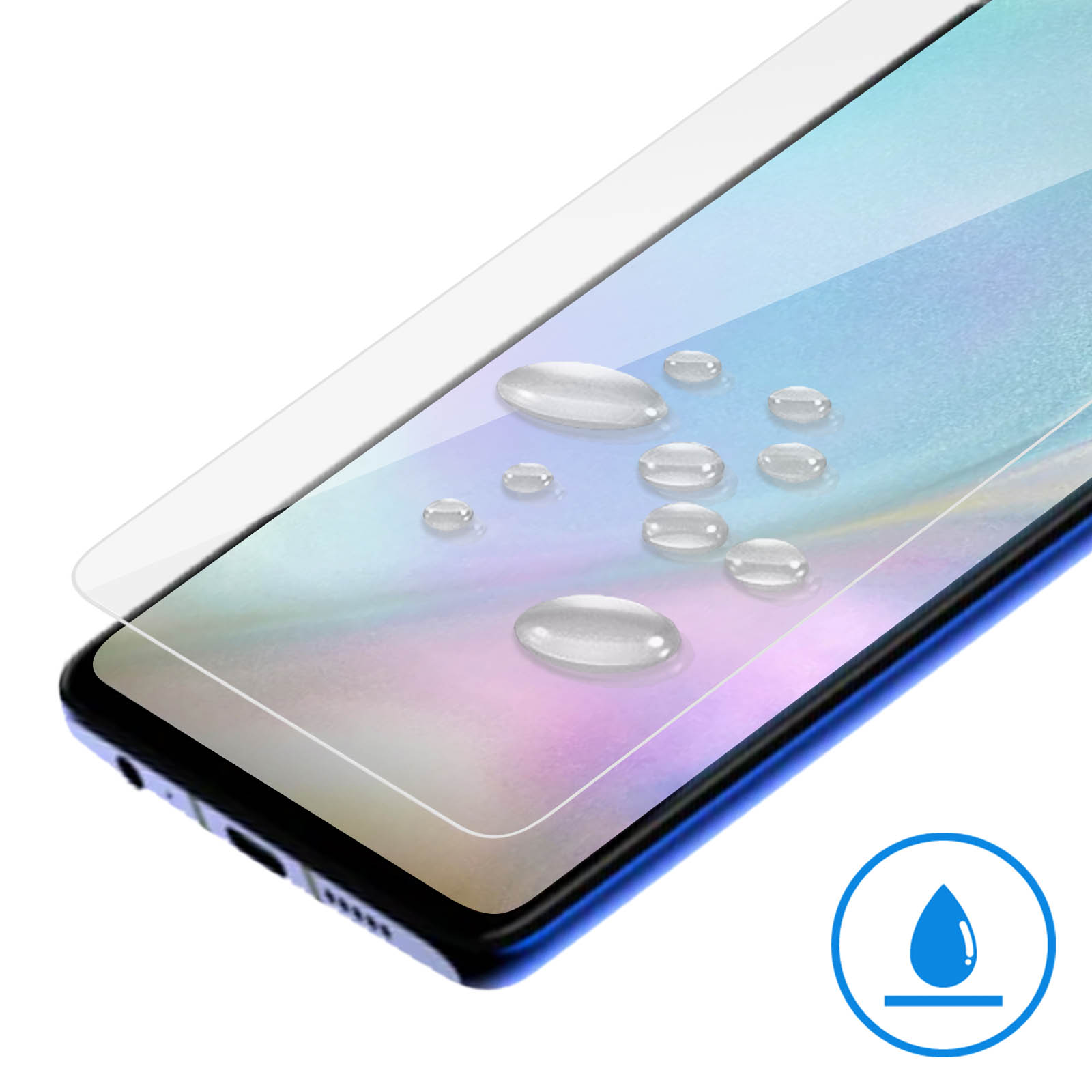 Un telefono con protezione schermo e gocce d'acqua sullo schermo.