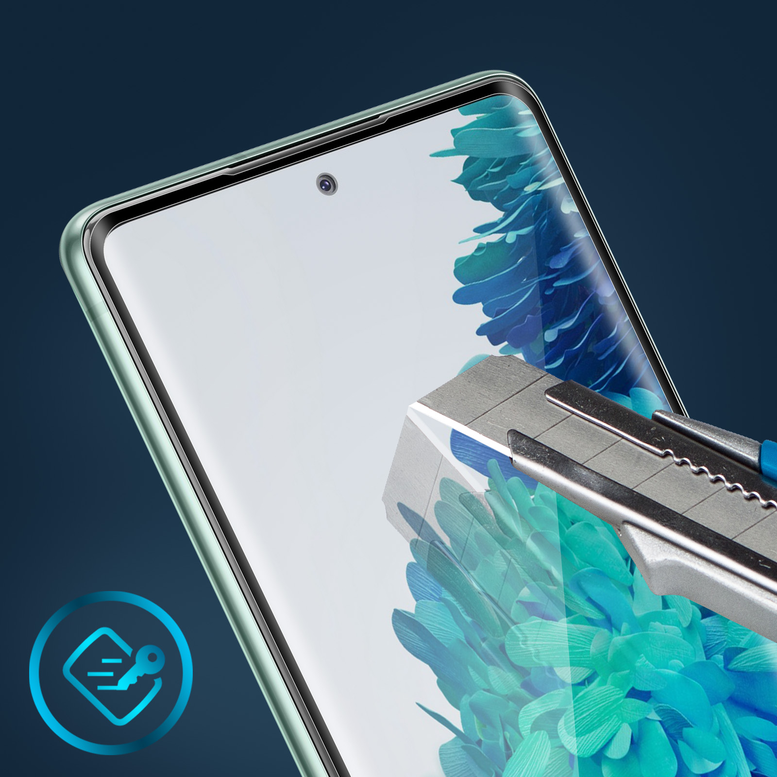 Écran de smartphone avec protecteur, cutter et icône de clé sur fond bleu foncé.