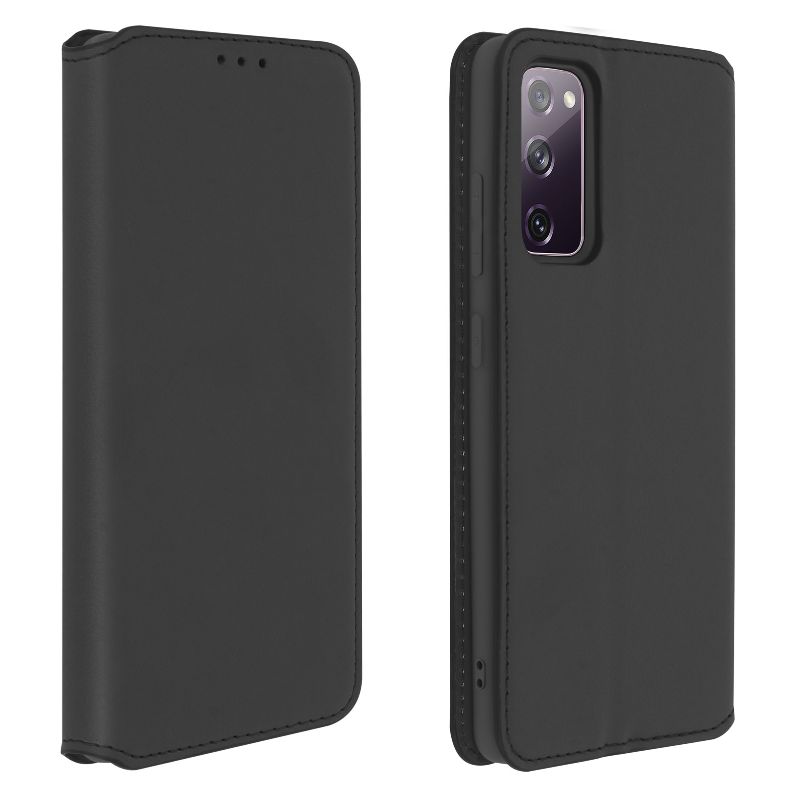 Eine schwarze Handyhülle mit Klappdeckel. Das Telefon befindet sich darin.