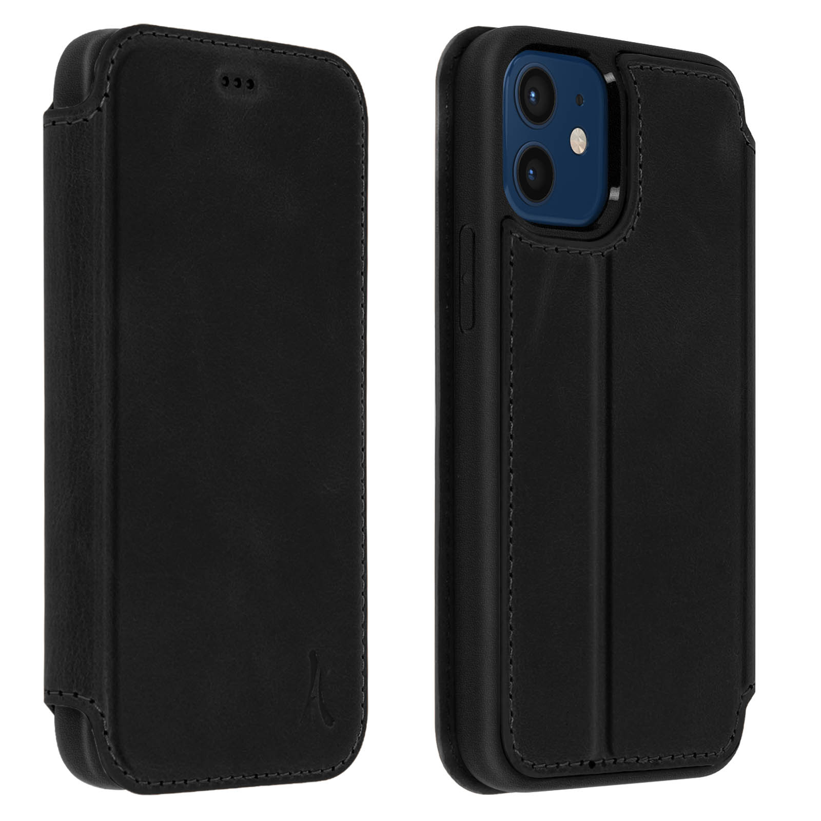 Custodia per telefono in pelle nera, aperta a destra, che rivela un telefono blu. La custodia è chiusa sul lato sinistro.