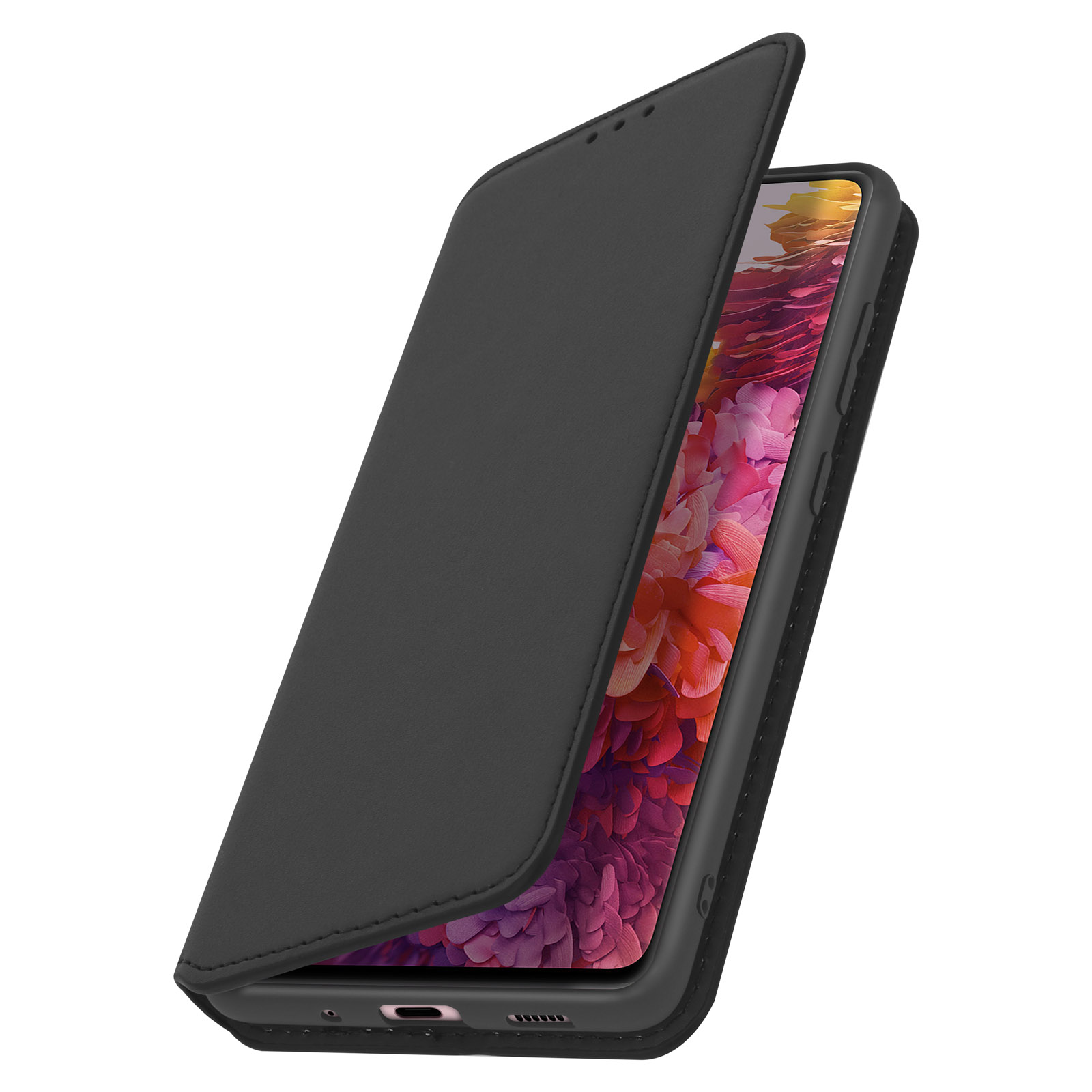 Ein Telefon in einer schwarzen Klapphülle, der Bildschirm zeigt einen pinken Blumengrund.