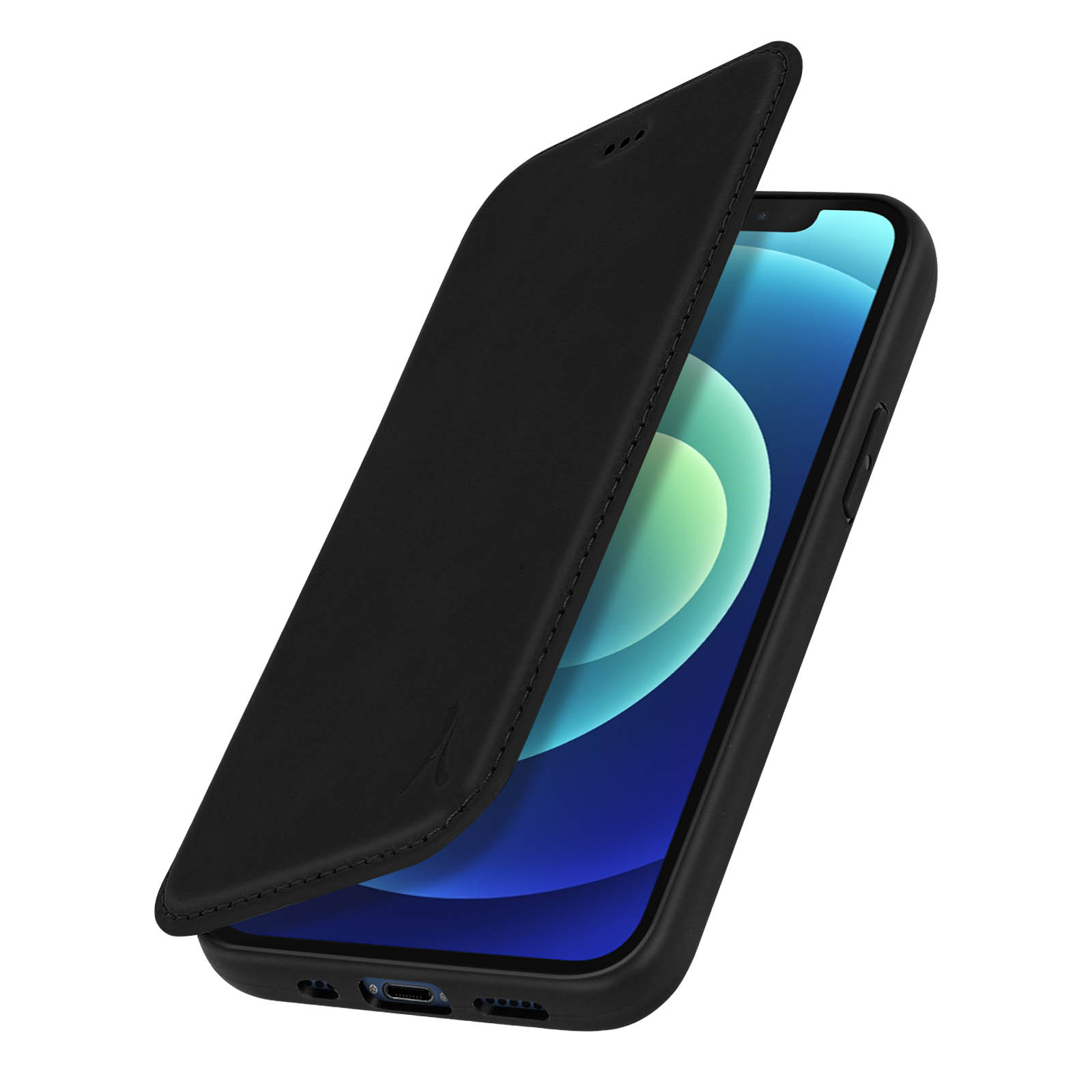 Telefono nero in custodia con coperchio aperto, schermo visibile. Sfondo bianco.