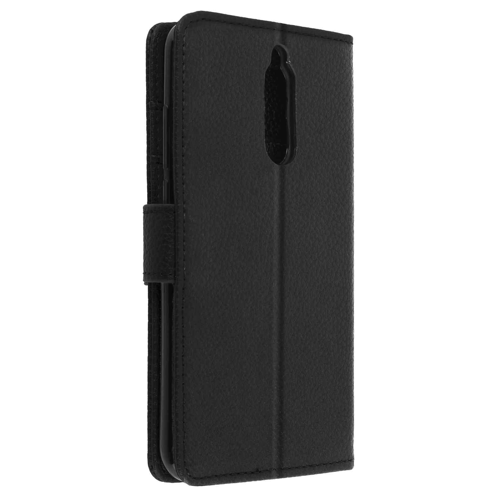 Custodia per telefono nera chiusa, che mostra una texture in pelle e una chiusura magnetica.