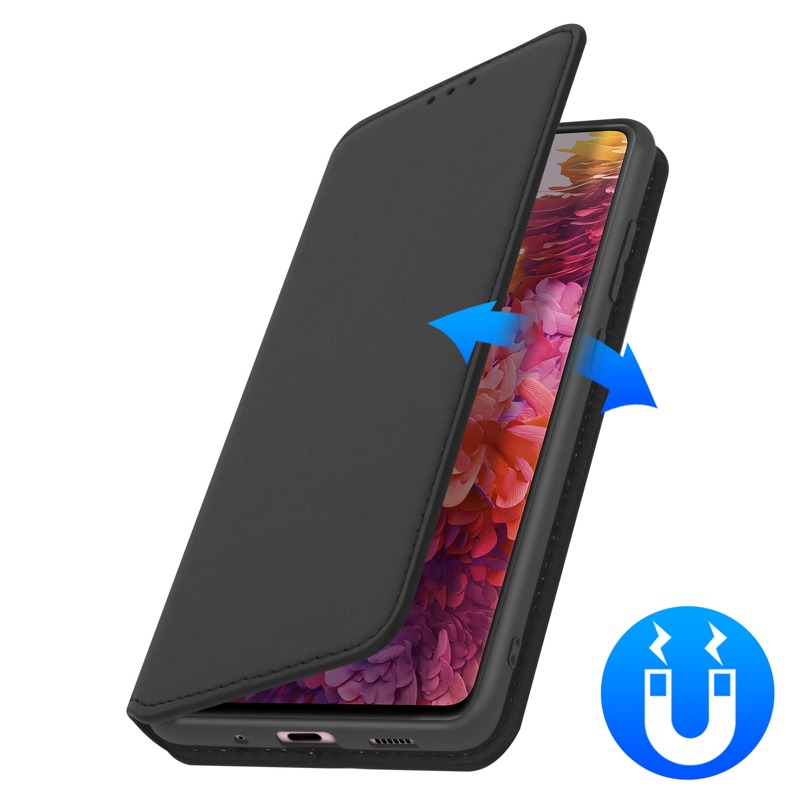 Schwarze Handyhülle geöffnet. Pfeile zeigen den Magnetverschluss an. Ein blaues Magnet-Symbol ist sichtbar.