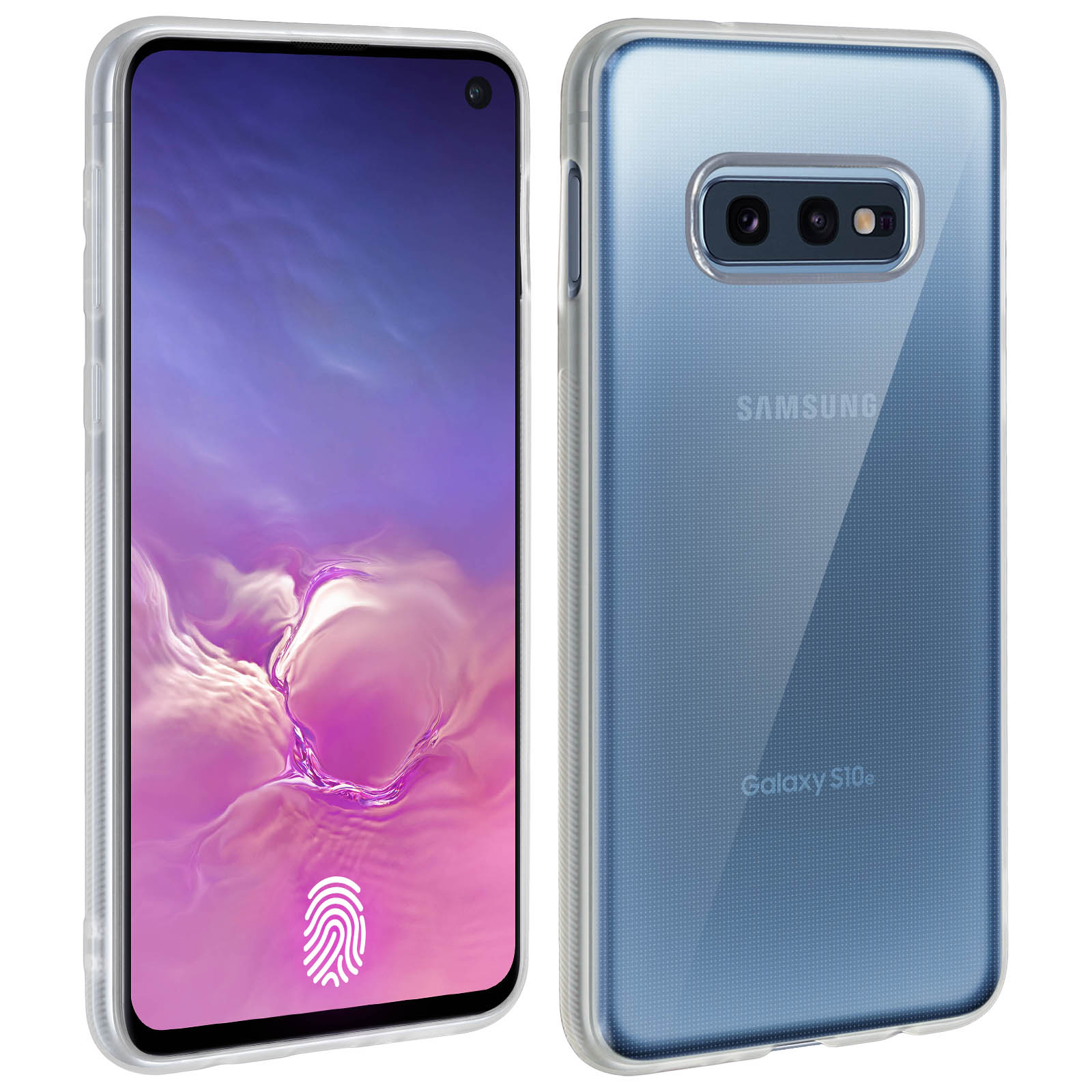 Una custodia trasparente per telefono con uno smartphone all'interno. Il telefono ha un sensore di impronte digitali. Sfondo blu e viola.