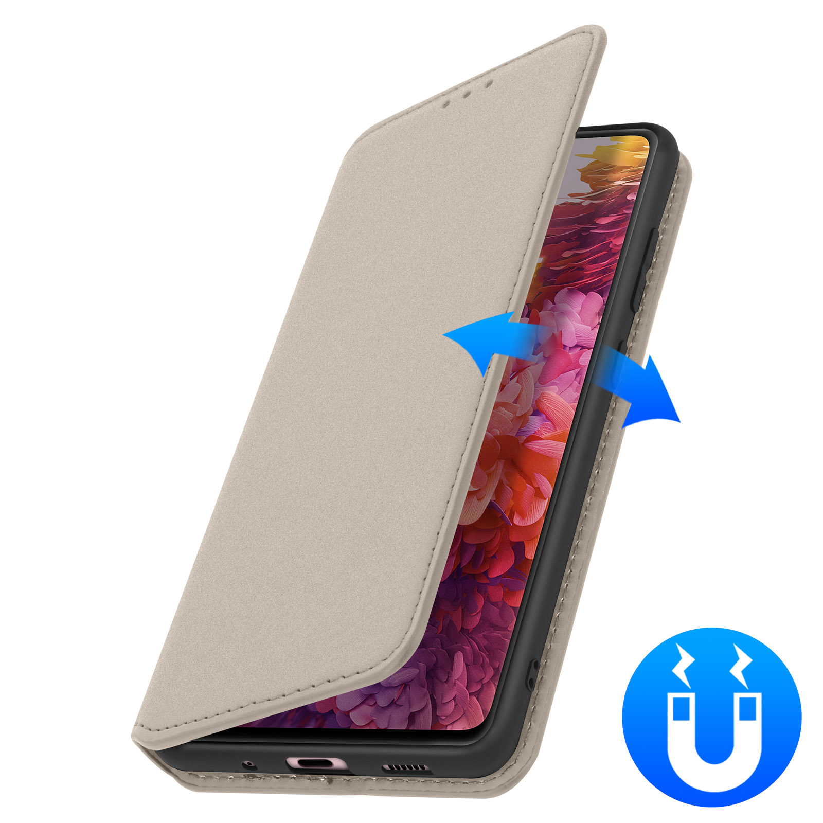 Beige Handyhülle mit Handy darin. Pfeile zeigen, wie sie sich öffnet. Magnet-Icon unten.