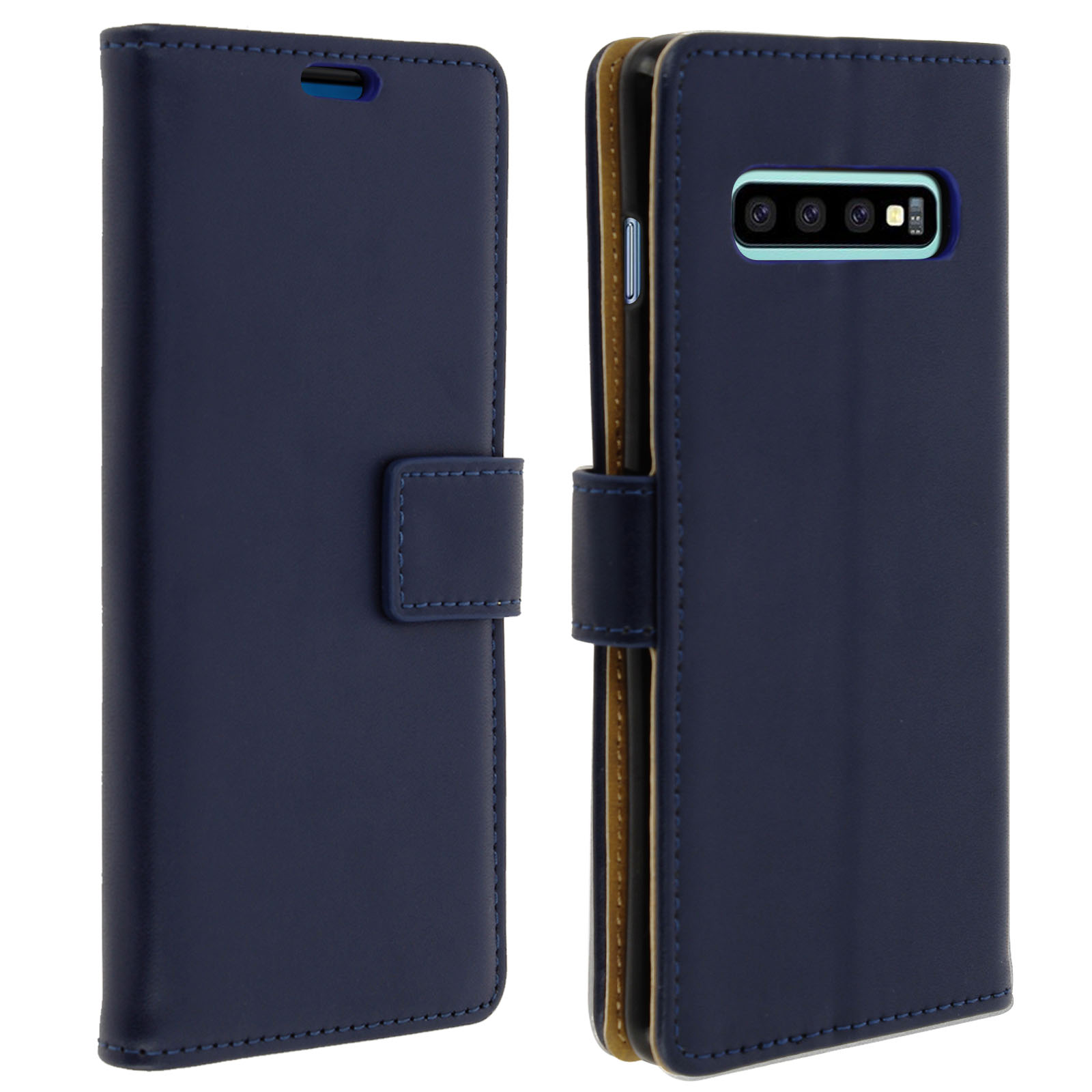 Custodia per telefono in pelle blu, aperta e chiusa, che mostra il telefono e la copertura anteriore.