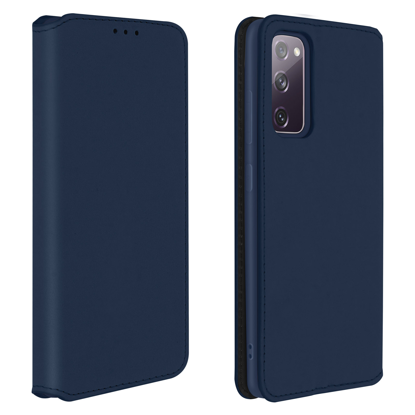 Marineblaue Handyhülle. Die Hülle ist links geschlossen. Telefon ist rechts sichtbar.