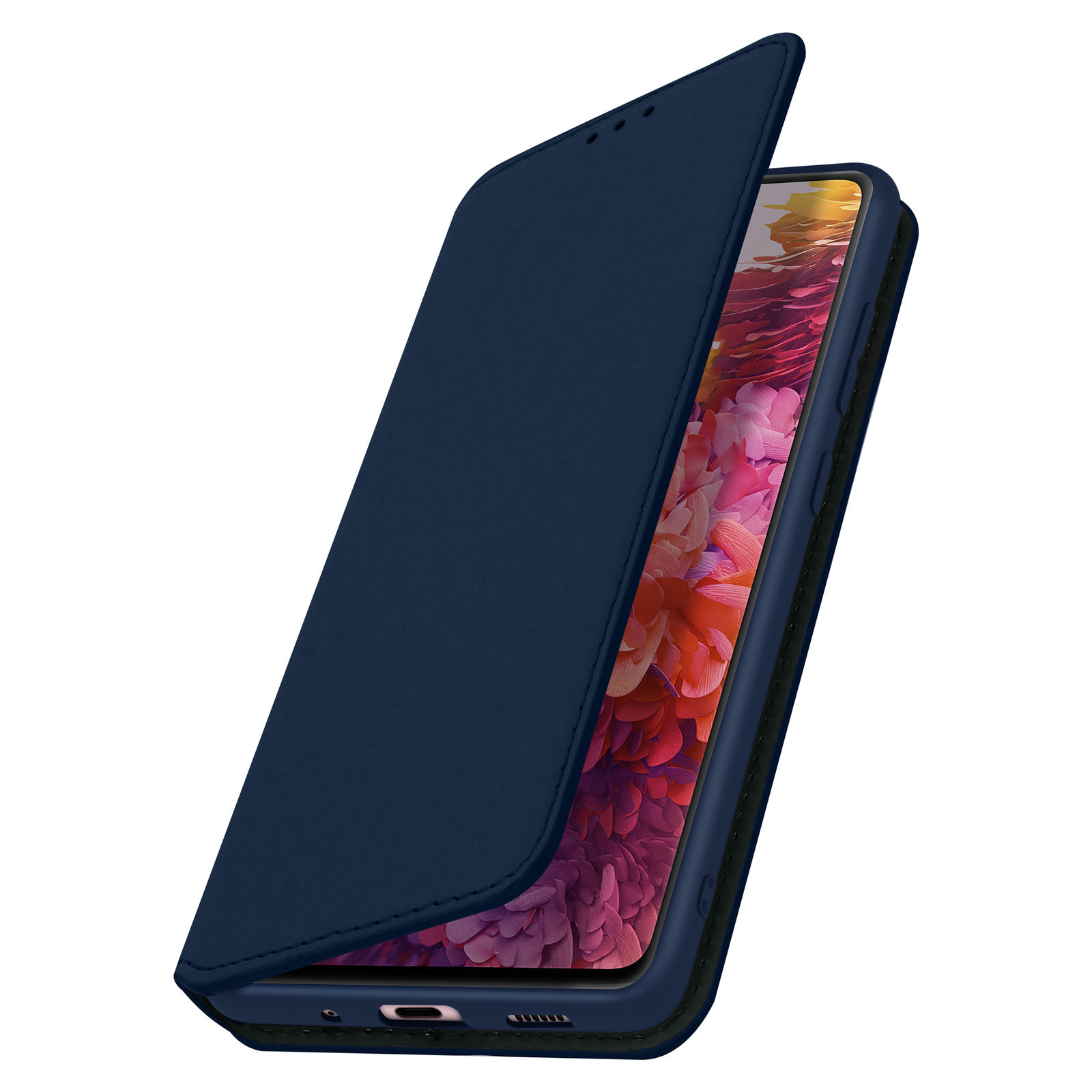 Eine blaue Handyhülle geöffnet. Das Telefon ist weiß. Der Hintergrund ist weiß.