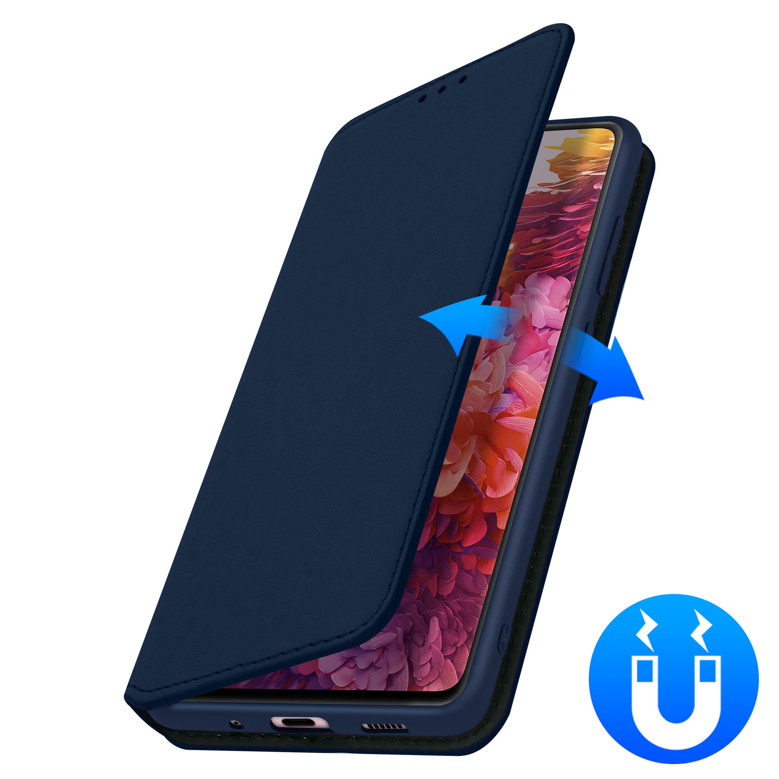 Blaue Handyhülle öffnet sich, Pfeile und Magnet-Symbol. Telefon mit rosa Blumen auf dem Bildschirm.