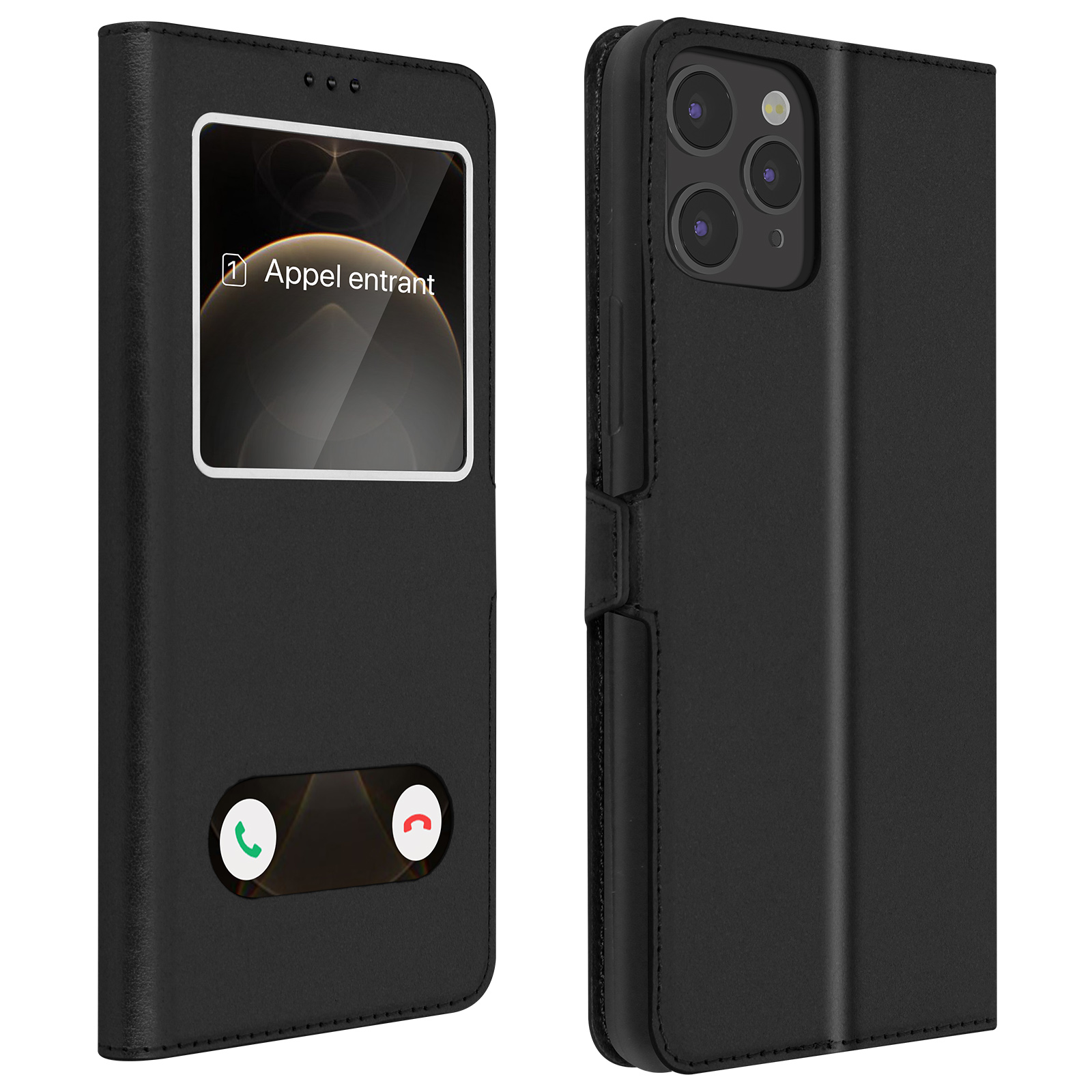 Zwarte telefoonhoes met scherm dat een oproep toont. Groene en rode knop voor accepteren of weigeren.