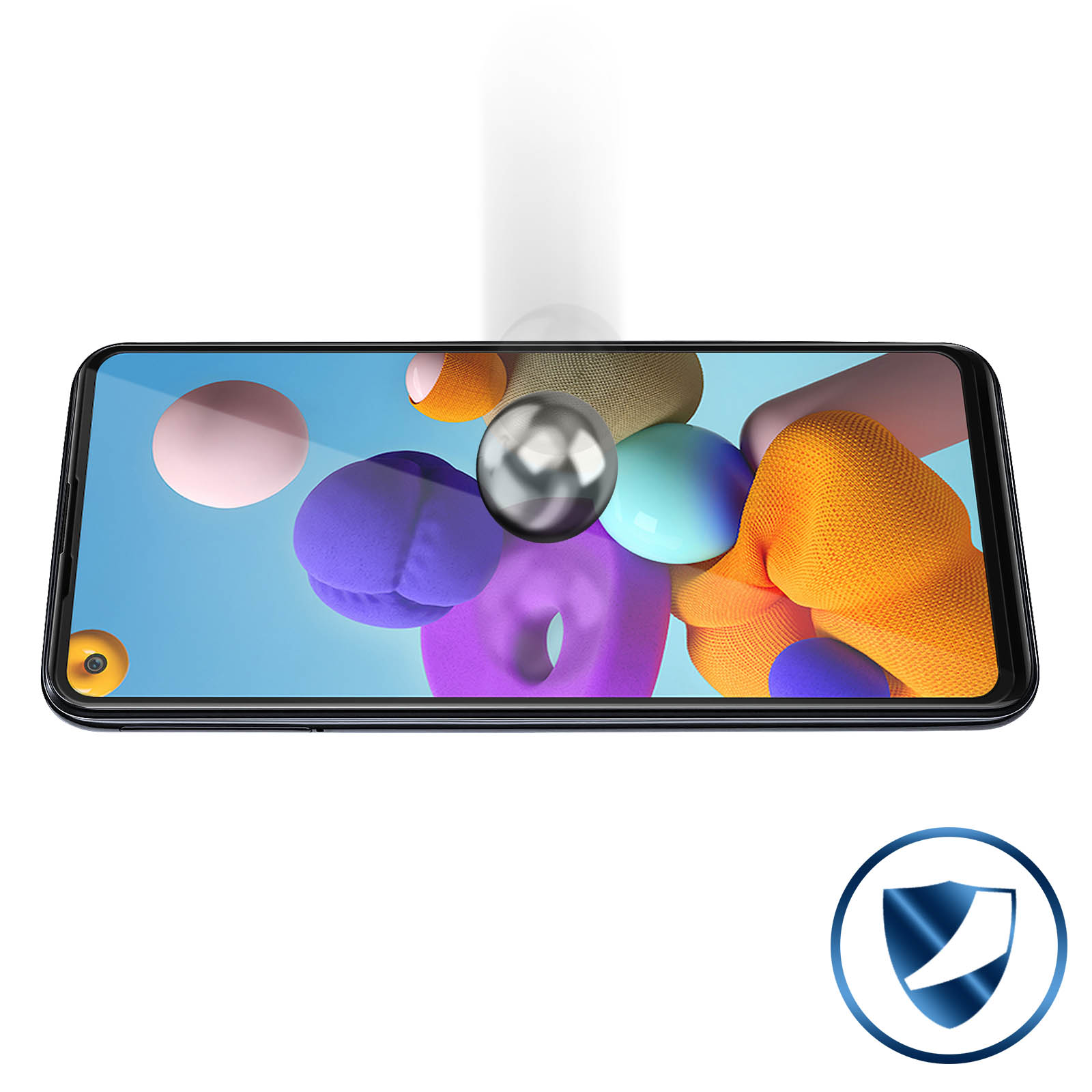 Een smartphone toont een kleurrijk abstract ontwerp. Een metalen bol zweeft boven het scherm. Een schildpictogram staat rechtsonder.