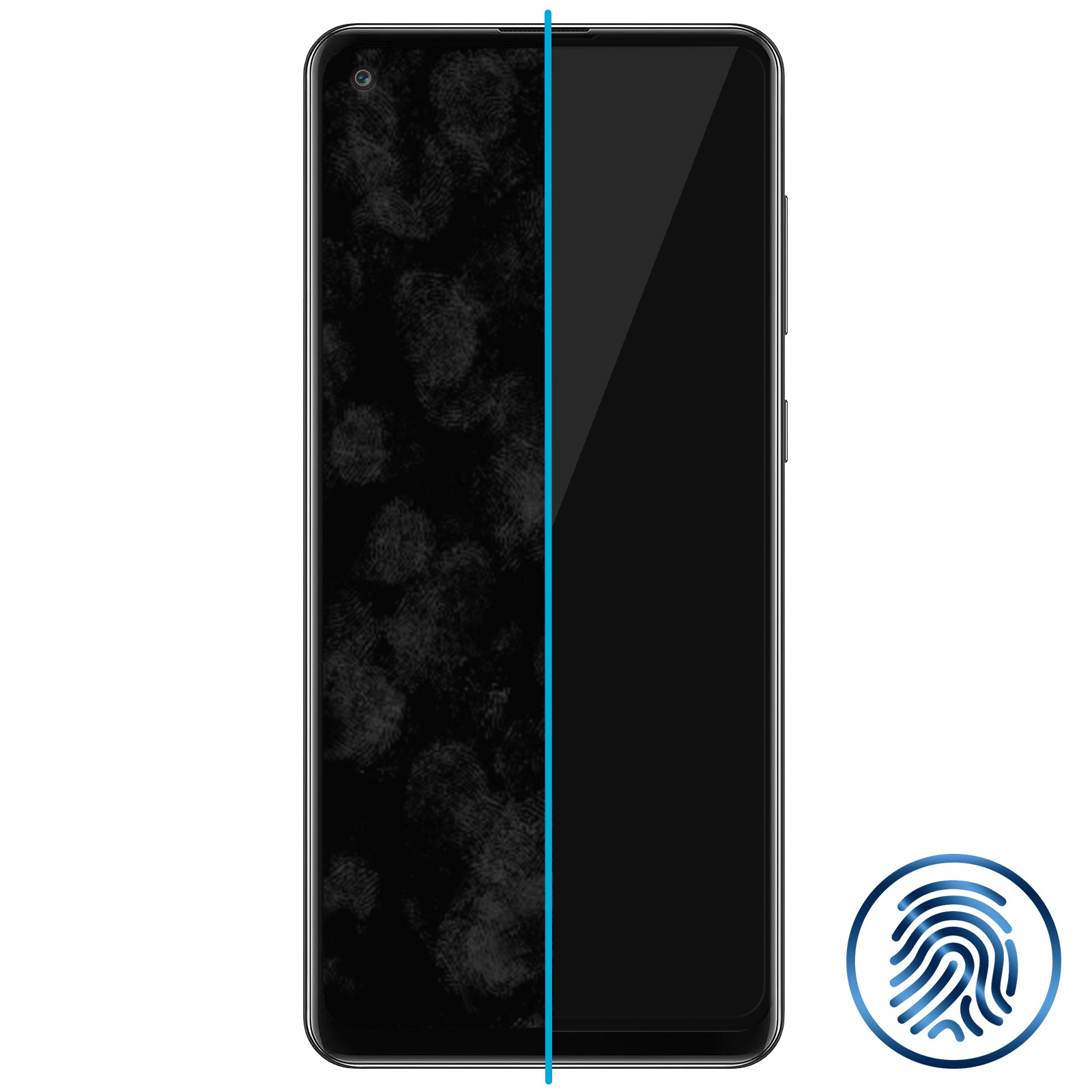Smartphone scherm met vingerafdrukken links, schoon rechts, blauwe lijn in het midden, vingerafdruk icoon onderaan.