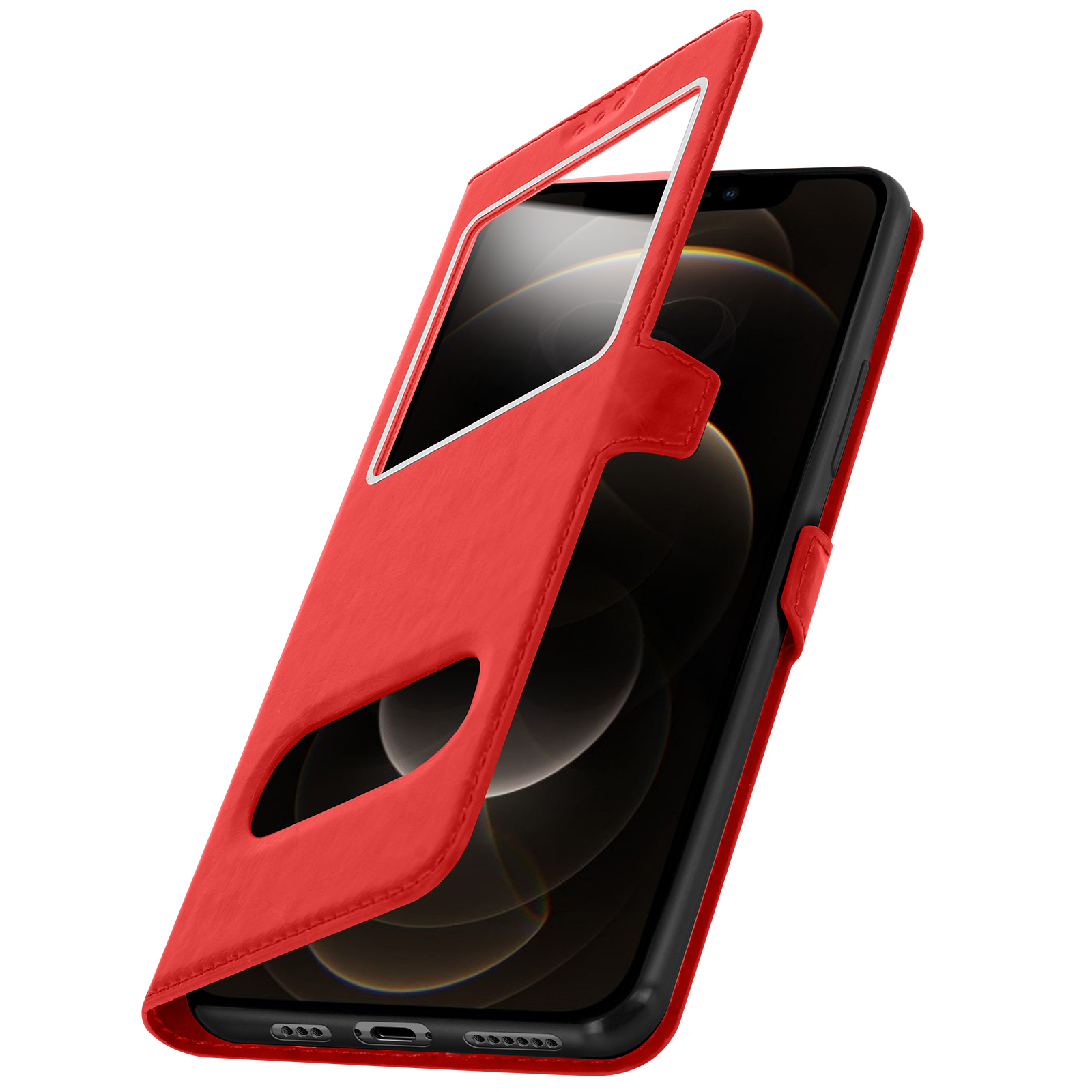Een rode telefoonhoes, open, onthult een telefoonscherm. De hoes is van leer, met een wit frame.