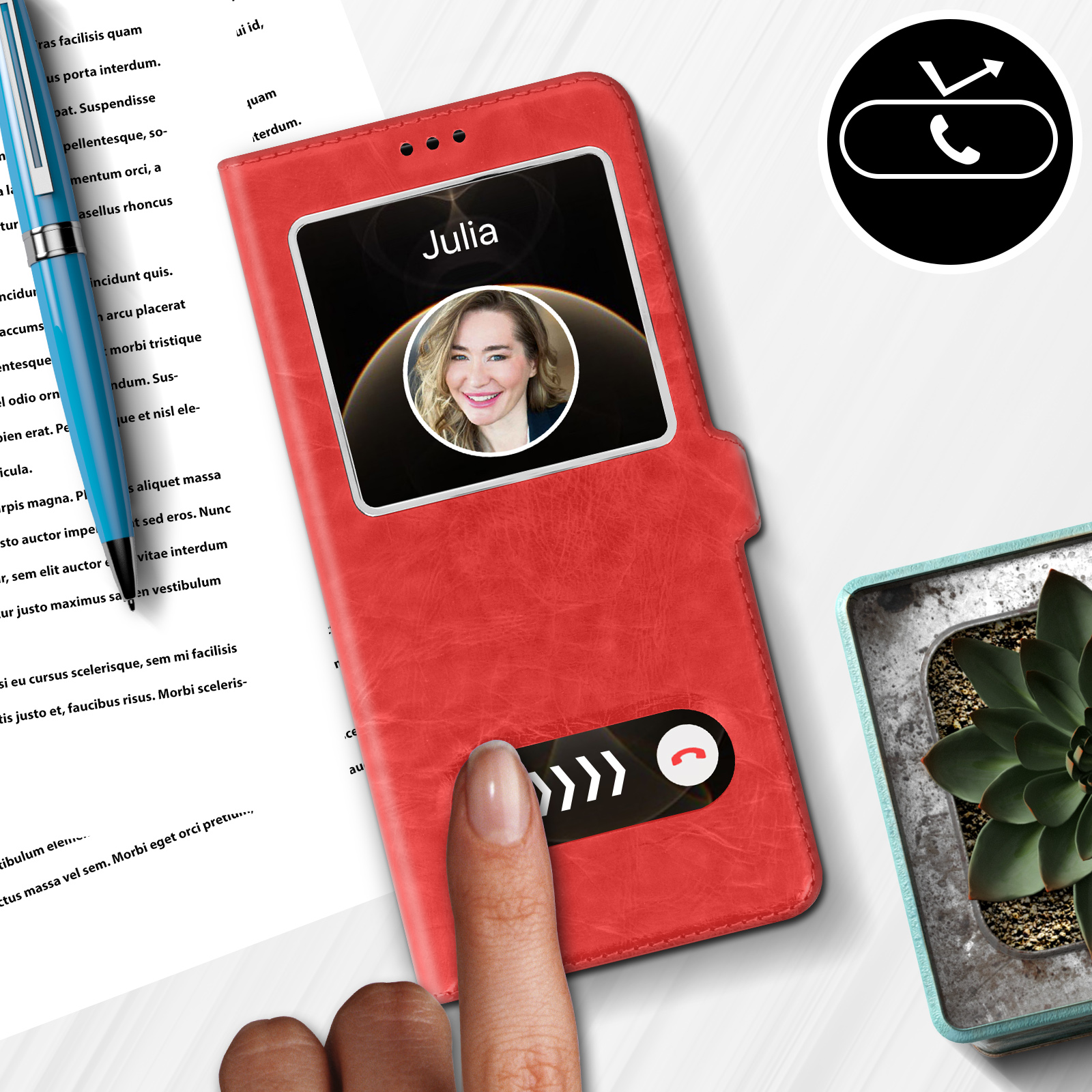 Rode telefoonhoes met videogesprek. Een vinger raakt de belknop.