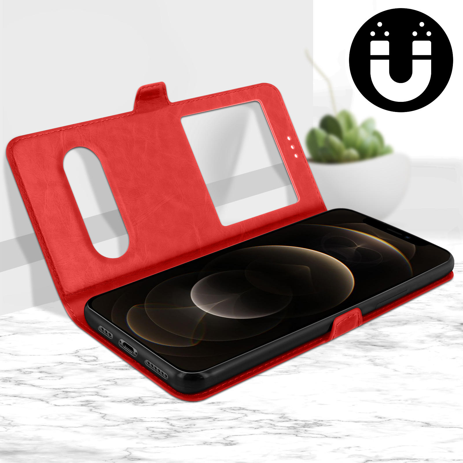 Rode telefoonhoes met een telefoon erin. De hoes heeft een venster en een magneetsymbool.