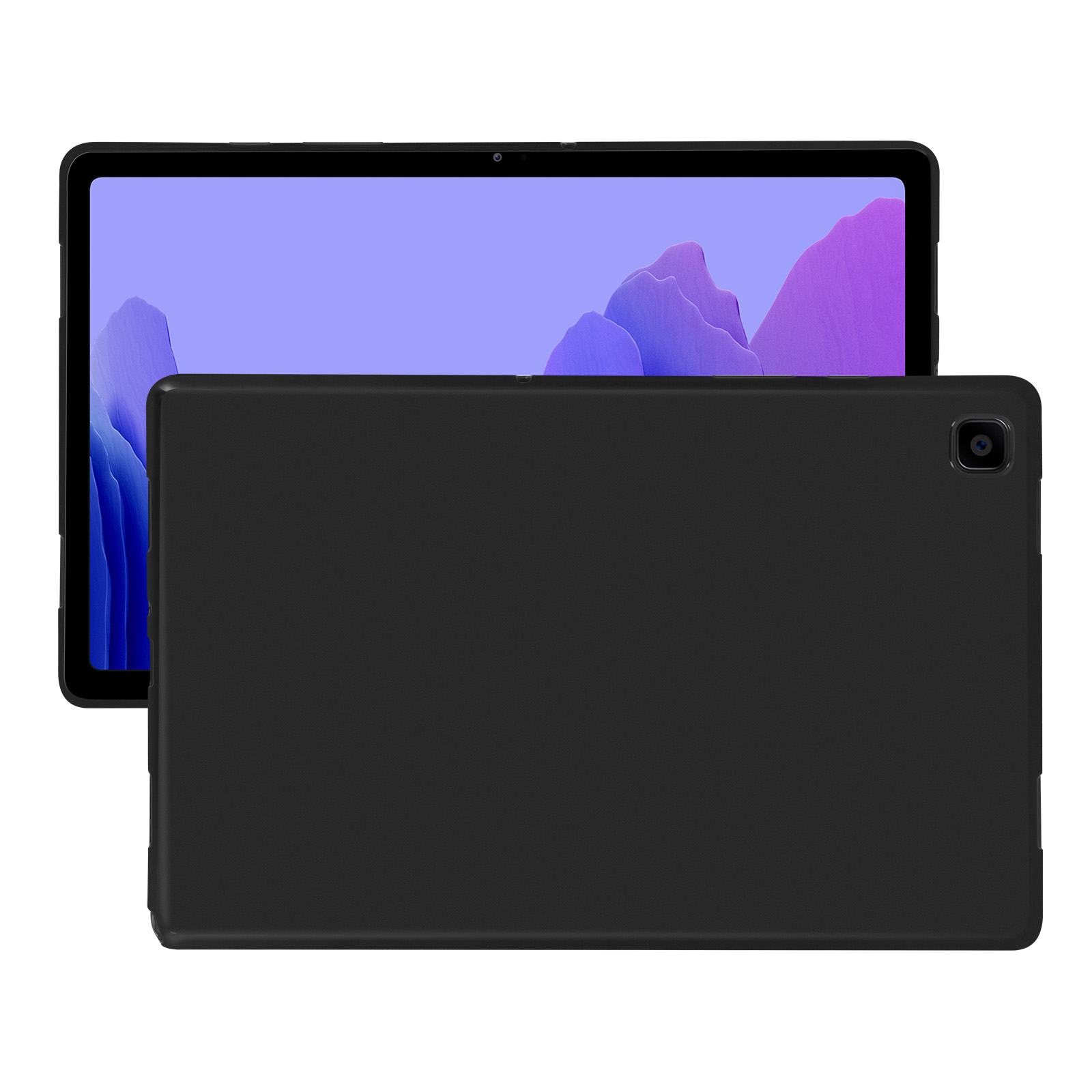 Ein schwarzes Tablet mit einer schwarzen Hülle. Die Rückseite des Tablets und der Hülle sind sichtbar. Der Hintergrund ist weiß.