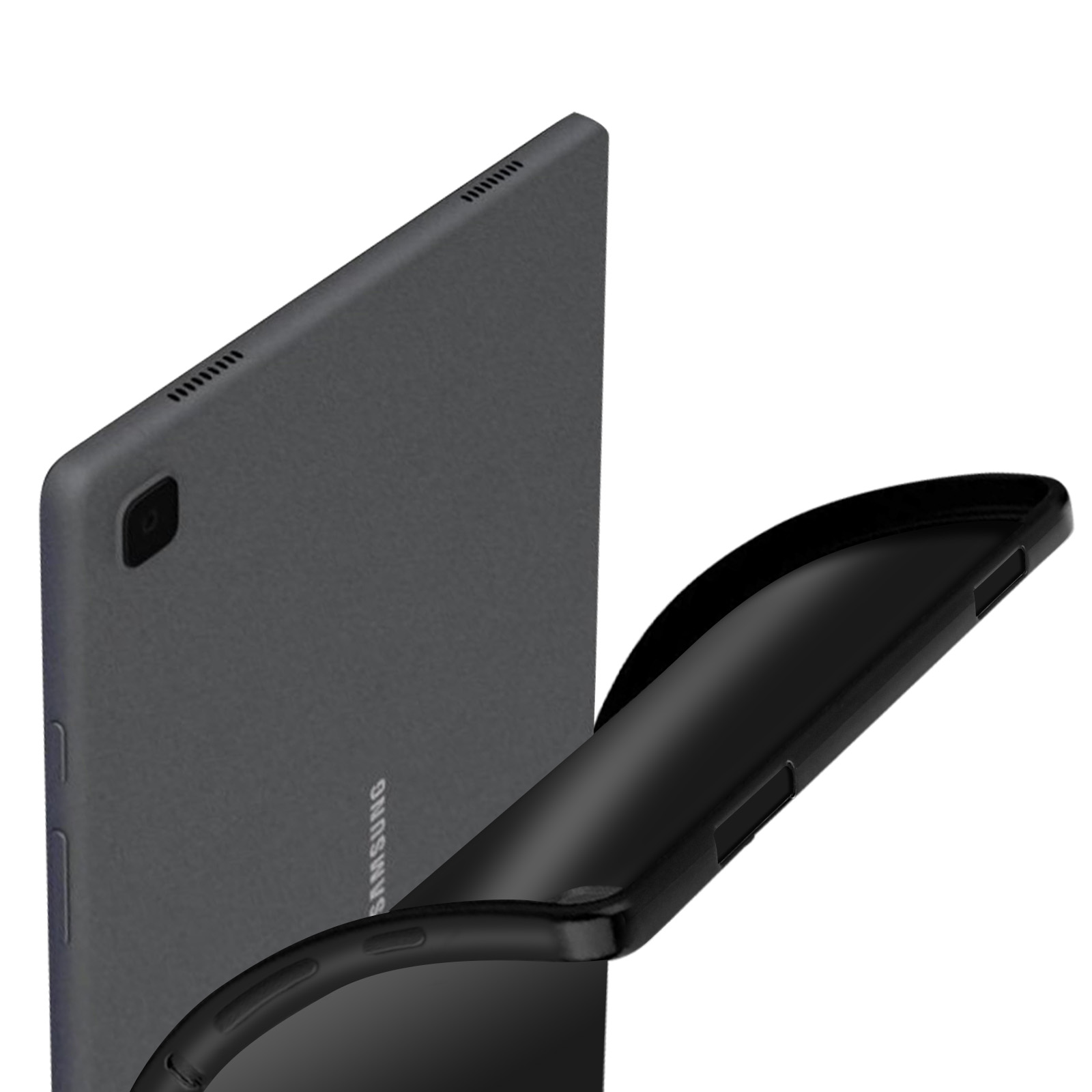 Eine Tablet-Hülle in Dunkelgrau, mit schwarzer Innenseite.