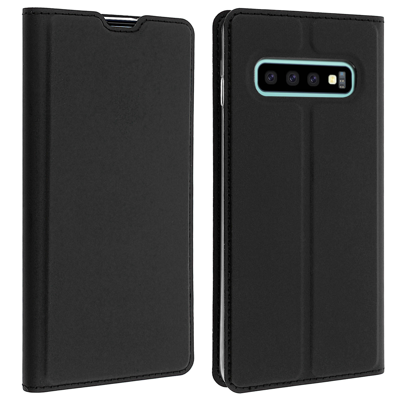 Una custodia per telefono nera con una cover a ribalta. È aperta, rivelando lo schermo e la fotocamera del telefono.