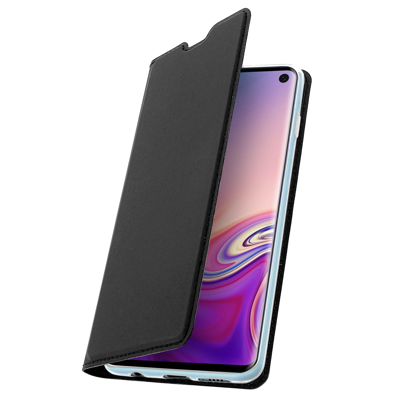 Una custodia per telefono nera aperta su un telefono. Il telefono è azzurro.