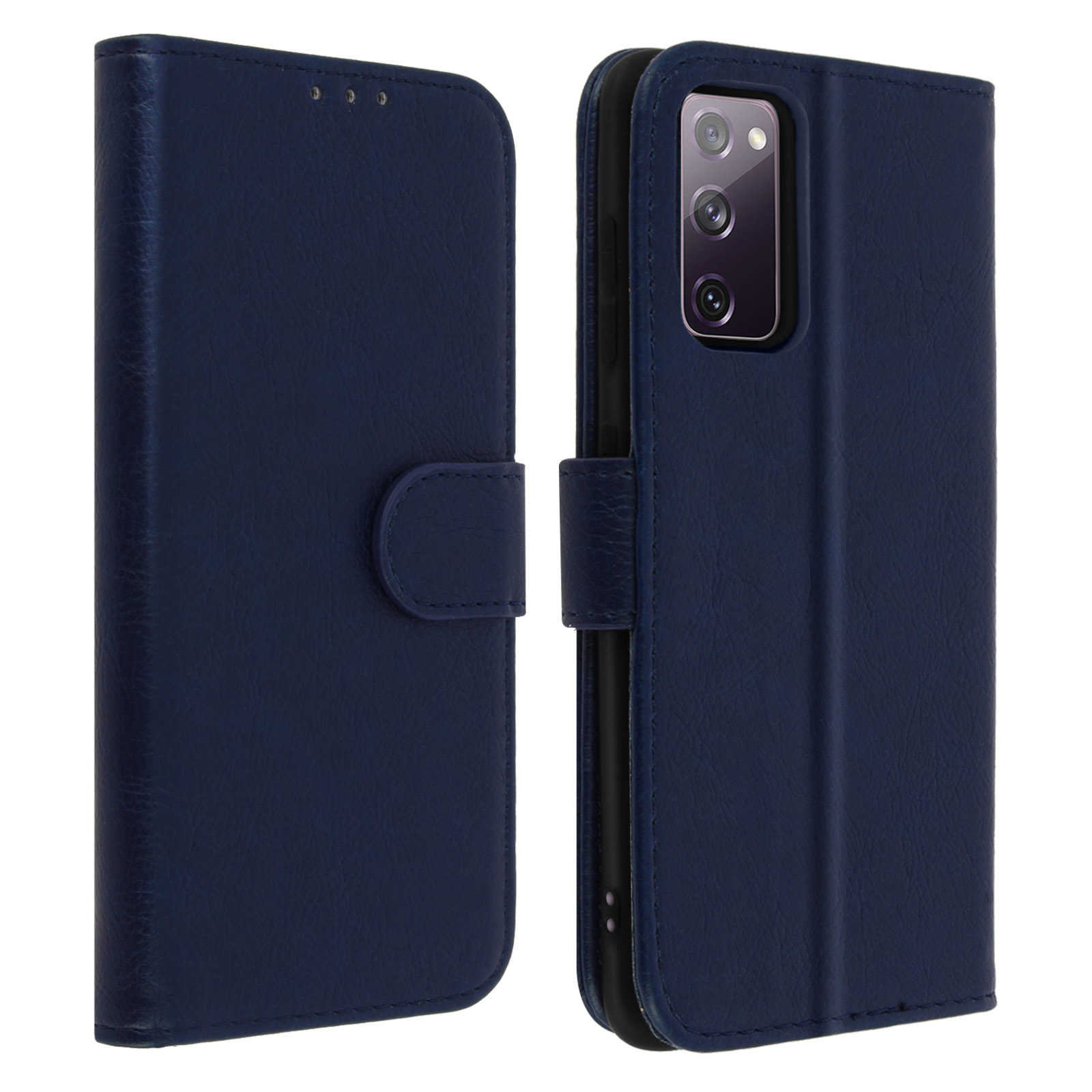 Een marineblauwe telefoonhoes, open en dicht. De achtergrond is wit.