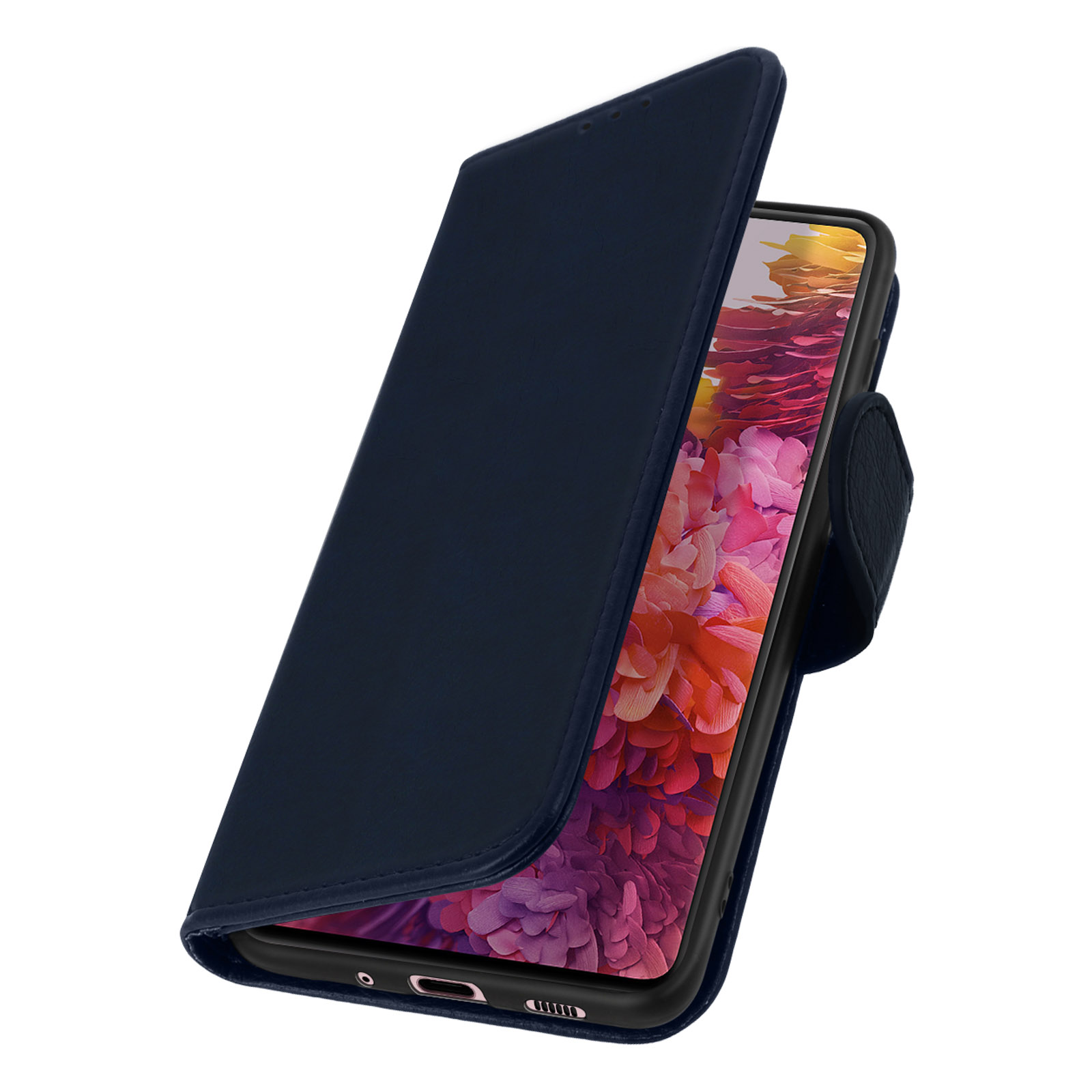 Donkerblauwe telefoonhoes, open om een telefoon met roze achtergrond te laten zien.