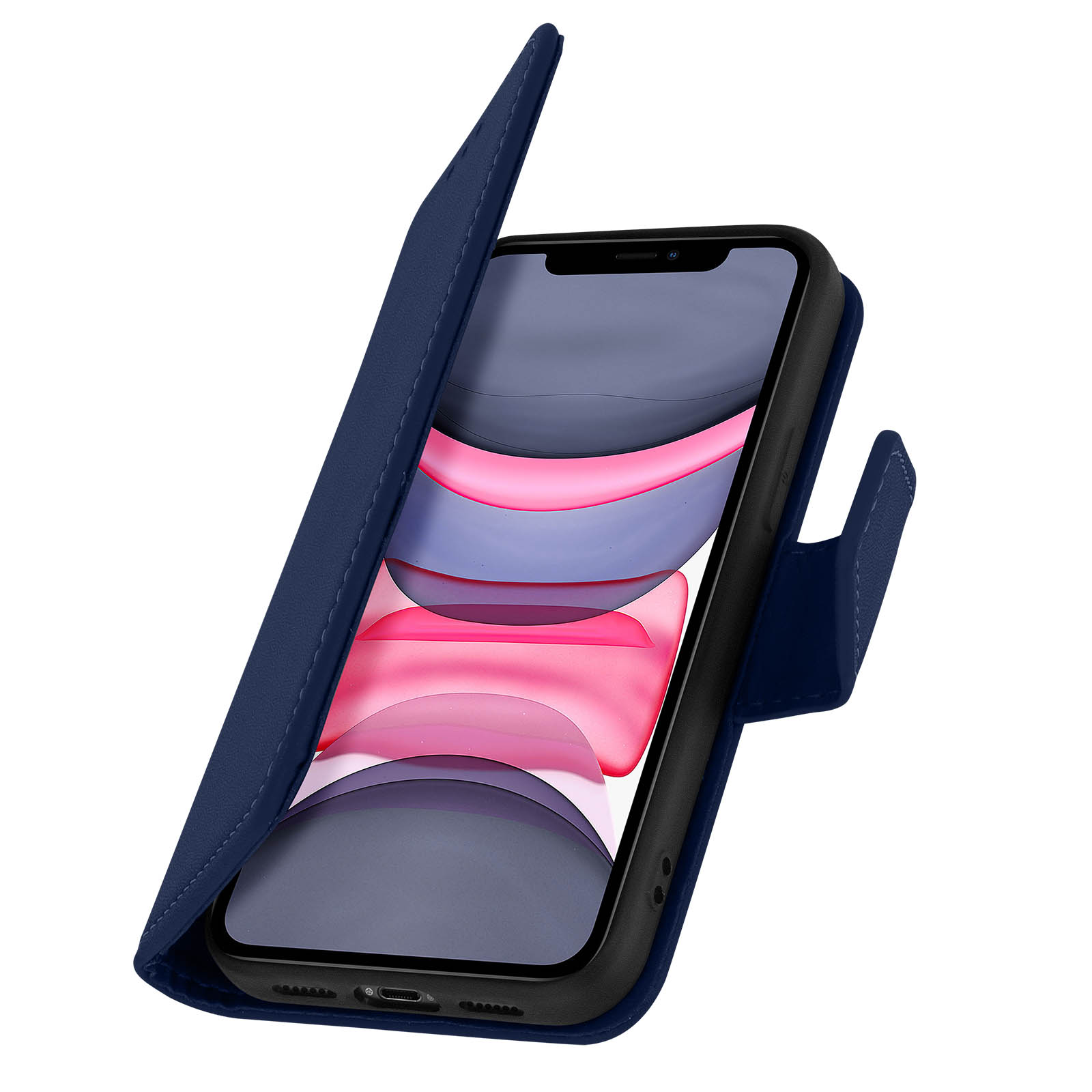 Una custodia blu per telefono con un telefono all'interno. La custodia è aperta, mostrando lo schermo.