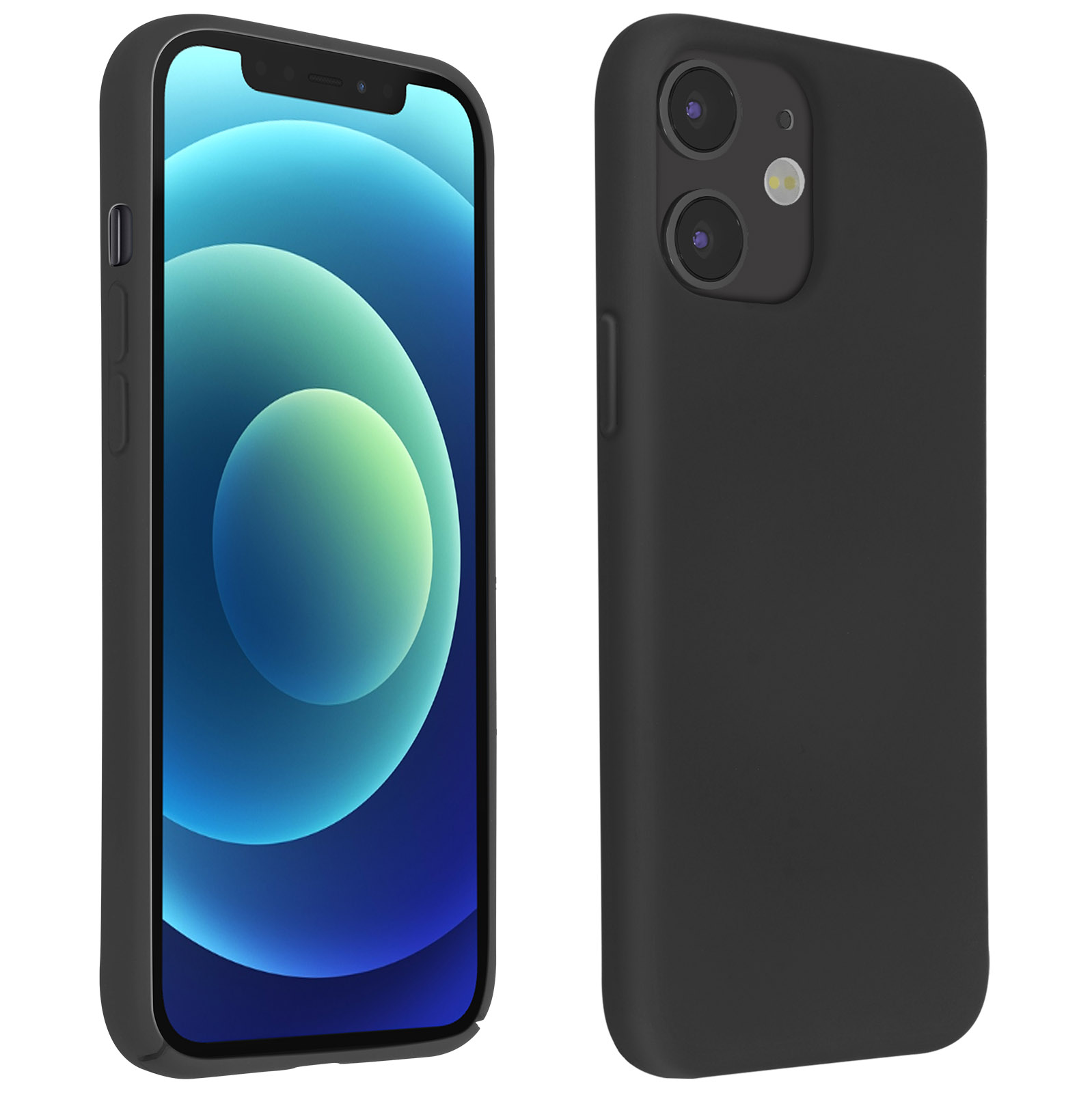 Un telefono e una custodia neri, che mostrano lo schermo con sfondo blu. Il retro è nero.
