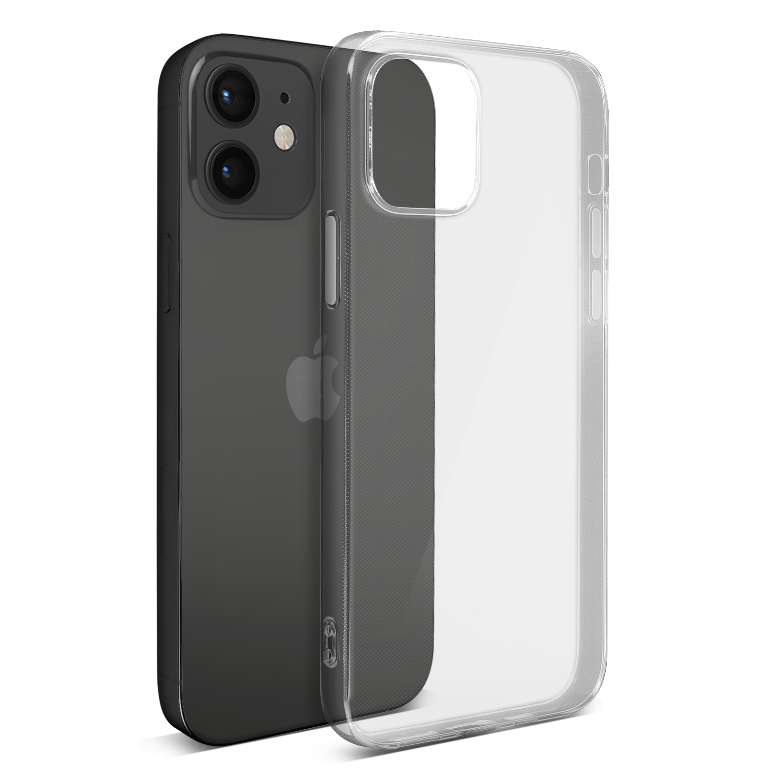 iPhone 12 negro en una funda transparente. La funda es transparente. El teléfono es negro.