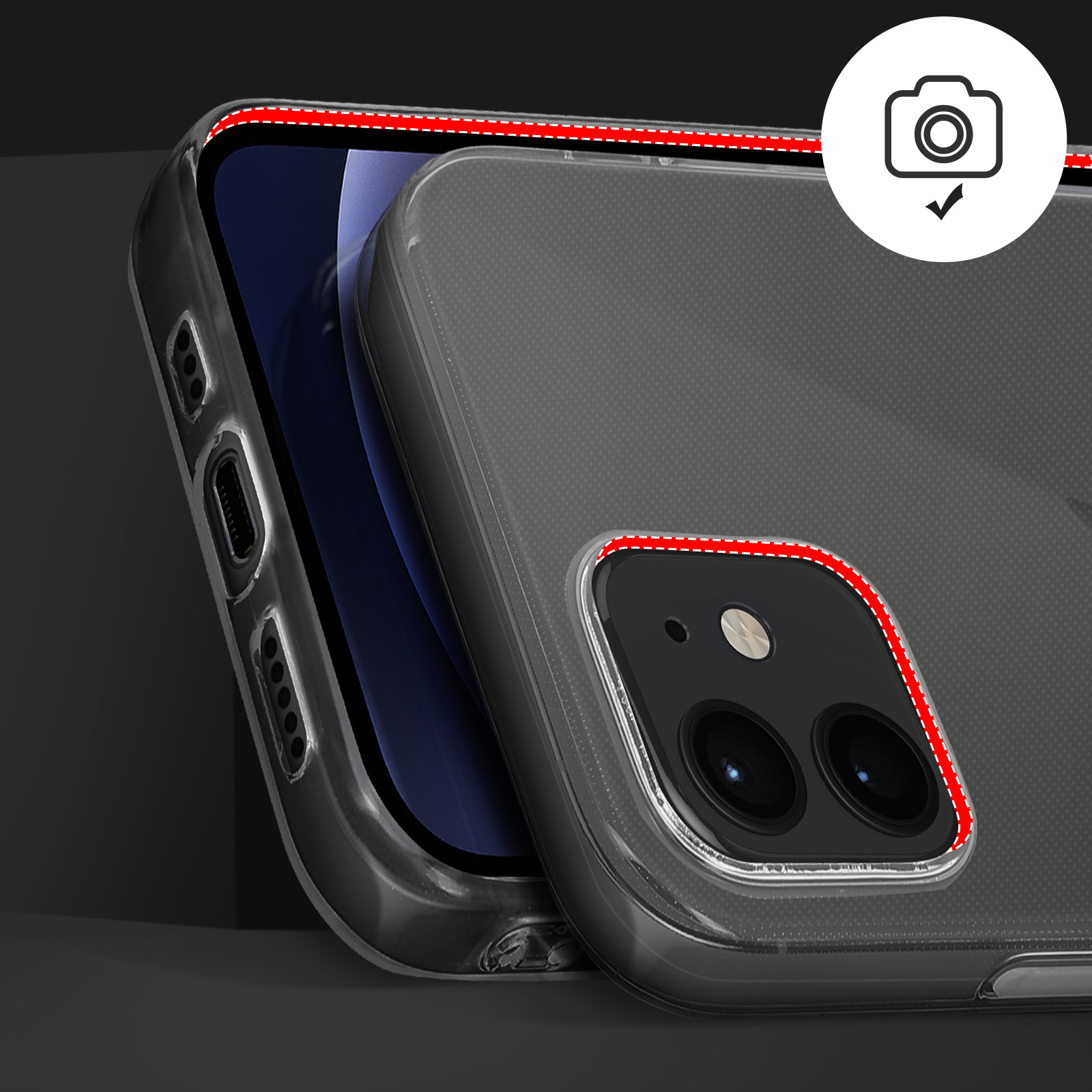 Teléfono con funda transparente, mostrando la zona de la cámara y línea roja en el borde.