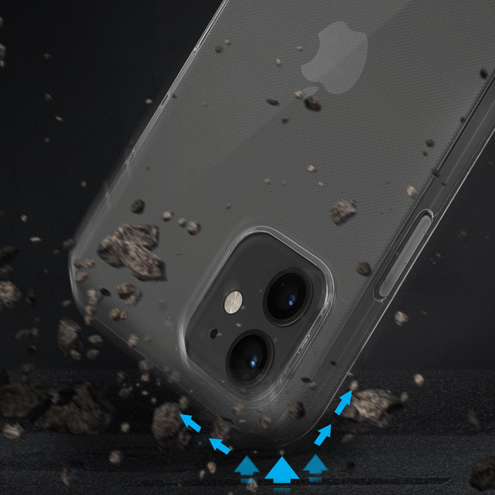 Una funda de teléfono con la parte trasera transparente, mostrando la cámara y el logo del teléfono.