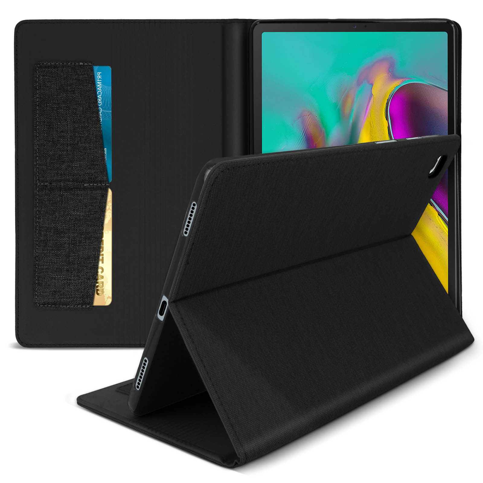 Custodia per tablet nera aperta, con tablet dentro. Carta di credito in tasca.