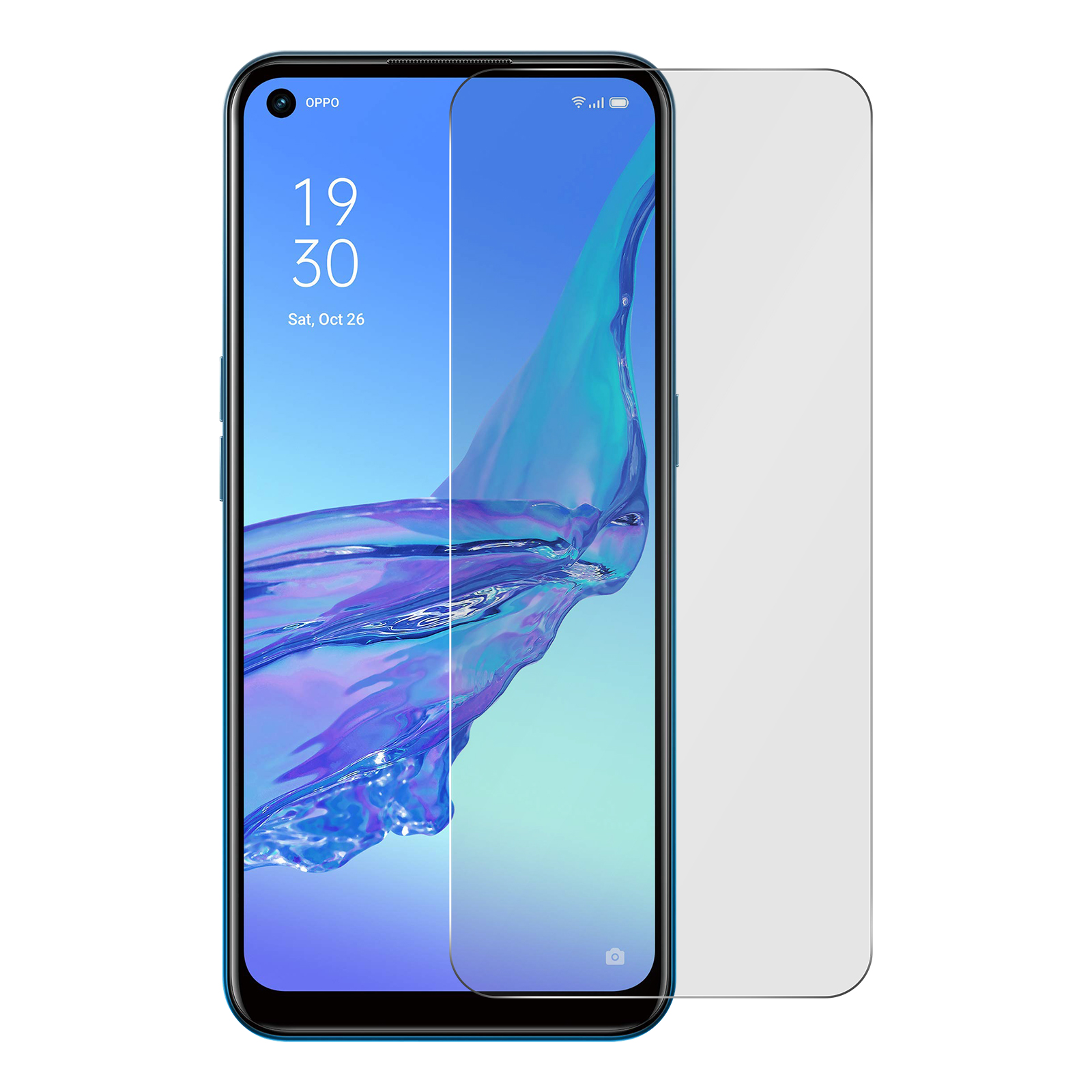 Téléphone OPPO avec protecteur d'écran appliqué. Le téléphone est bleu, fond blanc.